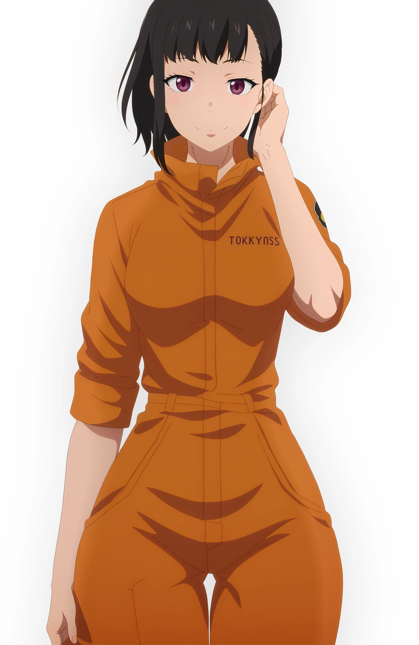 ((simple background, white background)), cowboy shot, hand on own ear, looking at viewer,
BREAK, <lora:Taz_Maki-Oze_V1:1> tz-maki-oze, ponytail, black hair, orange jumpsuit,