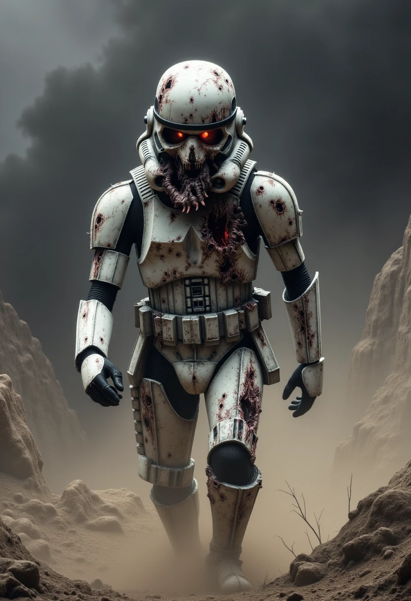 Imagine an image in the style of horror-inspired realism. A zombie Stormtrooper trudges through an ashen wasteland under a sky filled with swirling black clouds. Its armor is covered in ash and burns, and pieces of bone are visible through gaps in its armor. The eyes glow a malevolent red, and the air is thick with dust, giving the scene an oppressive, suffocating feel.