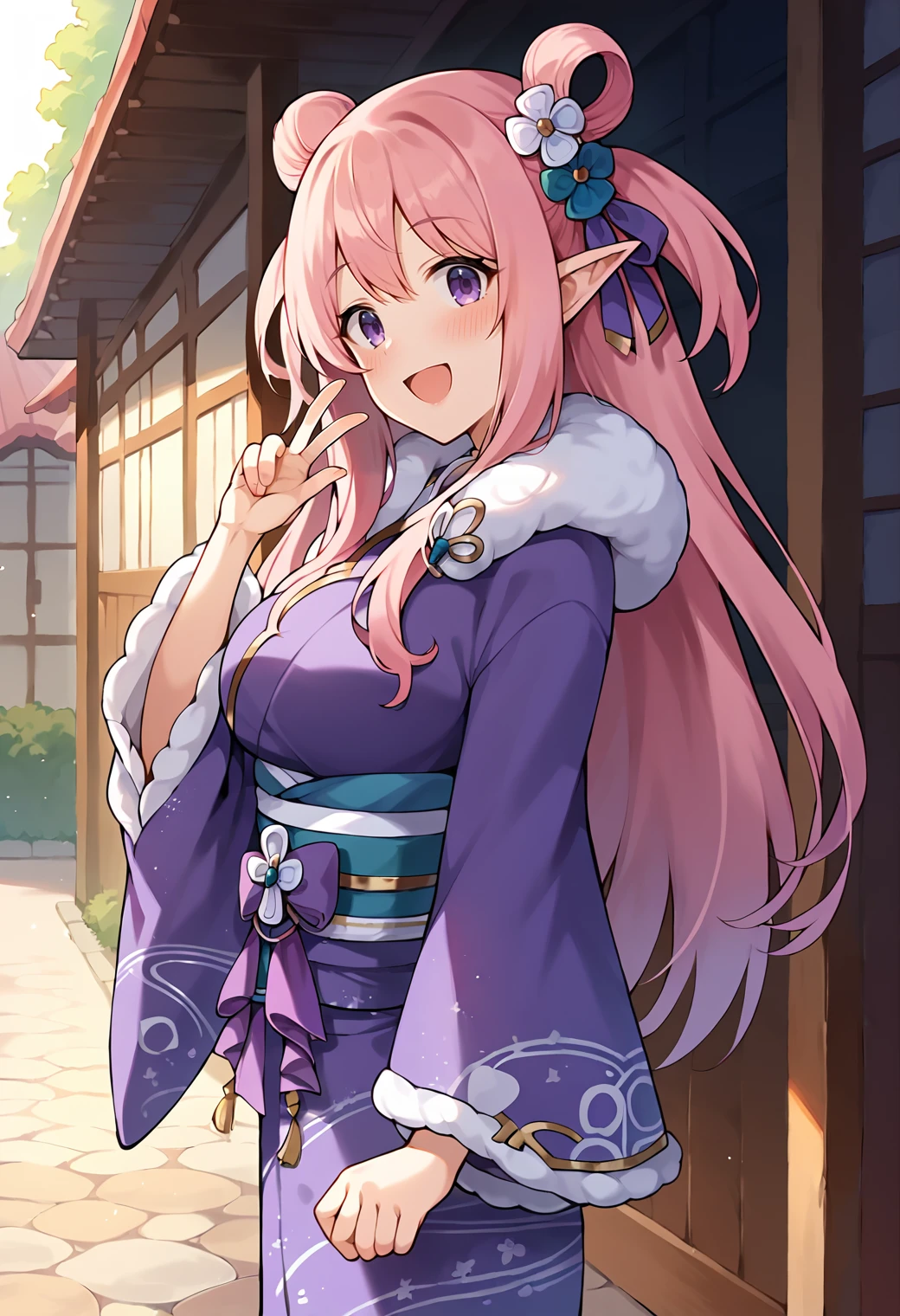 score_9, score_7_up, hd, (ultra hd quality details), source_anime, outdoors, evening, 
solo, 1girl, pcrhatsune, pink hair, elf, two-side up, large breasts, 
hatsuny, hair flower, hair ornament, double bun, purple kimono, fur trim, sash, long sleeves, wide sleeves,
smile, blush, looking at viewer, open mouth, 
standing, from side, hand up,
<lora:_hatsune_pcr-elesico-pony:0.9>