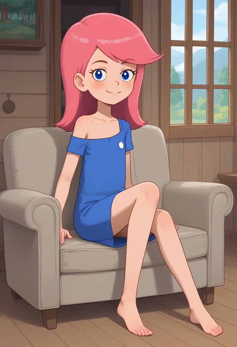 skinny shorty undersized anorexic solo female focus, long pink hair girl,  huge blue eyes, olya, freckles, blush, , looking at viewer , prostokvashino cartoon character, village house veranda background, barefoot, flatchested, tube slip dress, relaxing on armchair, resting pose, sly, smug,