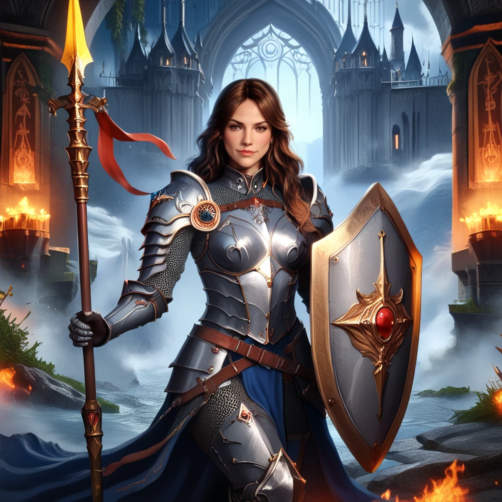 score_9, score_8_up, score_7_up, source_anime, professional photograph of Eiza woman, looking at the viewer, brown hair, fantasy armor, silver armor with golden details, she's holding a spear and a shield, in a reinassance city, castles in the background, fantasy genre, dungeons and dragons themed, beautiful sight, hair combed to the side, wavy hair, <lora:Eiza Gonzalez Pony:1>  <lora:ral-fntsyrlms-sdxl:0.5> ral-fntsyrlms <lora:Classic Fantasy:0.7> FANTASY, CLASSICFANTASY, CLASSICFANTASY ART,  <lora:Pony_Weapon_Spear_and_Shield_-_By_HailoKnight:0.6>