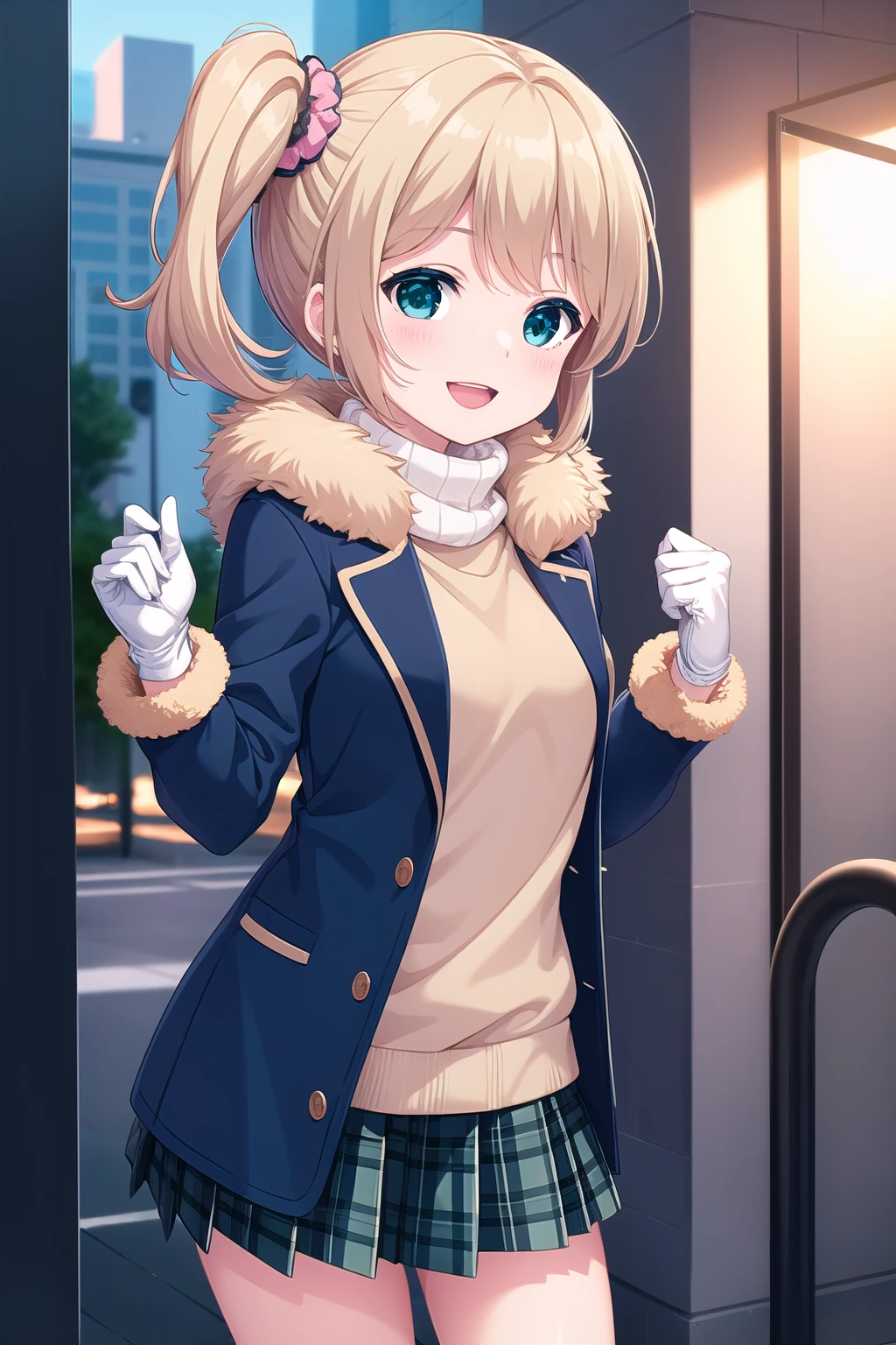 (masterpiece, best quality), highly detailed background, perfect lightingbest quality, etokurumi, solo, outdoors, city, winter, plaid bow, blonde hair, hair scrunchie, striped scrunchie, side ponytail, bangs, short hair, green eyes, small breasts, fur trim, blue coat, denim coat, open coat, orange sweater, turtleneck sweater, long sleeves, white gloves, blue skirt, pleated skirt, smile, open mouth, :d, pink lips, <lora:Eto-Kurumi:0.7>