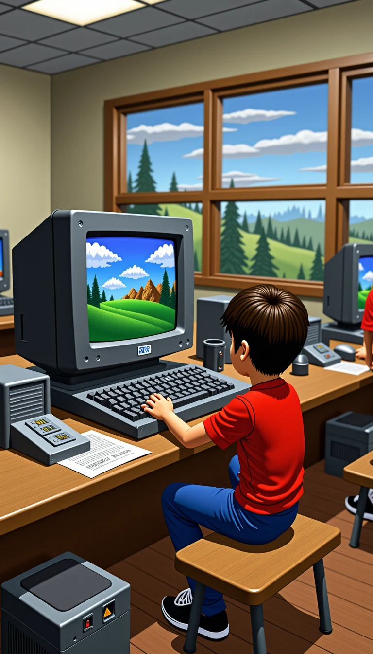 90s classroom with kids playing Oregon Trail on old computers <lora:Everly Heights CD-ROM SceneCraft FLUX:1> Retro Windows 95 desktop cluttered with pixel art icons and old software windows <lora:Everly Heights CD-ROM SceneCraft FLUX:1>