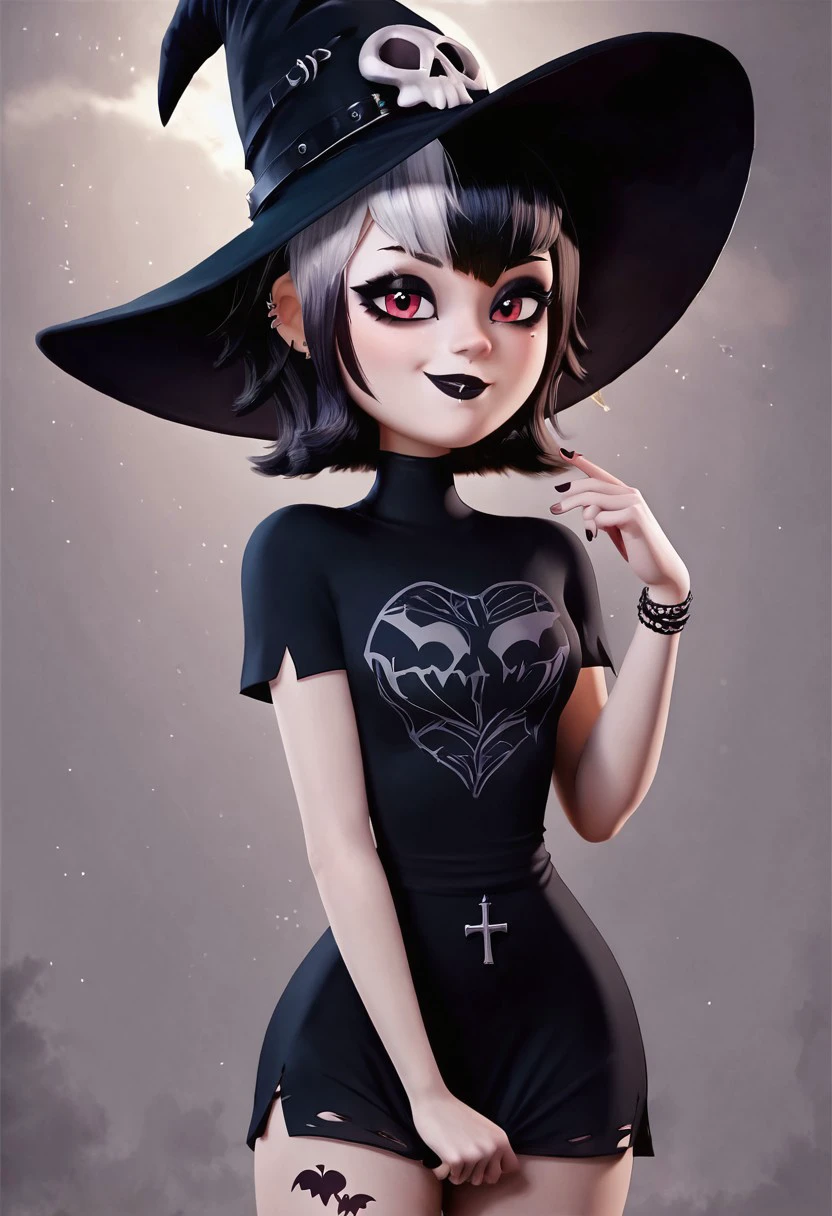 score_9, score_8_up, score_8, medium breasts, (curvy), cute, eyelashes,       BREAK, ,   
,,,
<lora:GothMavis_PDXL:0.8>, witch hat, zzGothMavis, black hair, white hair, makeup, short hair, black lips, multicolored hair, two-tone hair, ear piercing, eyeshadow, gothic, shirt, lipstick, tattoo, turtleneck, cross, skull print shirt, 
,,,
, BREAK, smile, looking at viewer, cowboy shot, 
,,,
embedding:zPDXL, <lora:DiivesP1:0.7>,