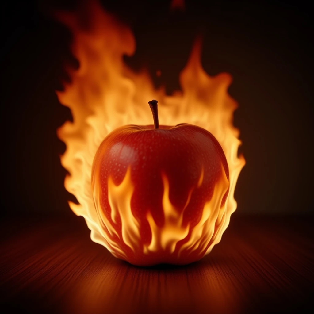 an apple on the table covered in flames