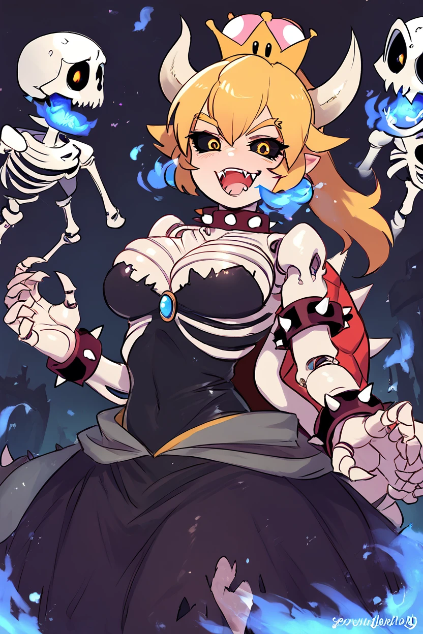 score_9, score_8_up, score_8, medium breasts, (curvy), cute, eyelashes,       BREAK, ,   zzDryBowsette, black sclera, colored sclera, skeleton, horns, spikes, dress, dress, jewelry, tail, yellow eyes, ponytail, horns, teeth, artist name, black dress, collar, bracelet, fingernails, strapless, glowing, fire, crown, sharp teeth, strapless dress, claws, spikes, armlet, colored sclera, sharp fingernails, black sclera, spiked bracelet, spiked collar, ribs, skeleton, super crown, bone, blue fire, transformation, spiked armlet, spiked shell, breathing fire,  <lora:DryBowsette_PDXL:1.0>, , BREAK, smile, looking at viewer, cowboy shot, ,,, embedding:zPDXL, Expressiveh, ,,, <lora:Zankuro_Style_PDXL:0.8> <lora:SDXLFaeTastic2400:0.5>, <lora:Expressive_H-000001:0.4>,