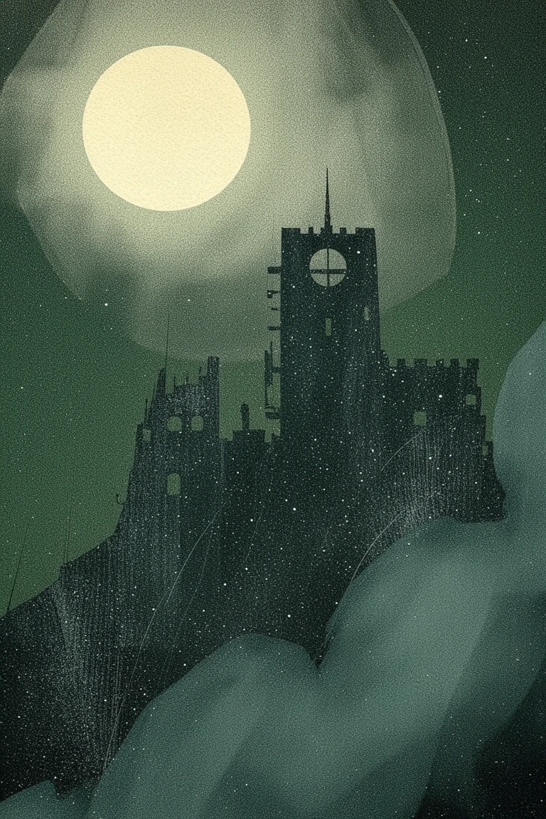 poster art print, A full moon casting light on an ancient, crumbling castle surrounded by dense fog, beige and forest green
