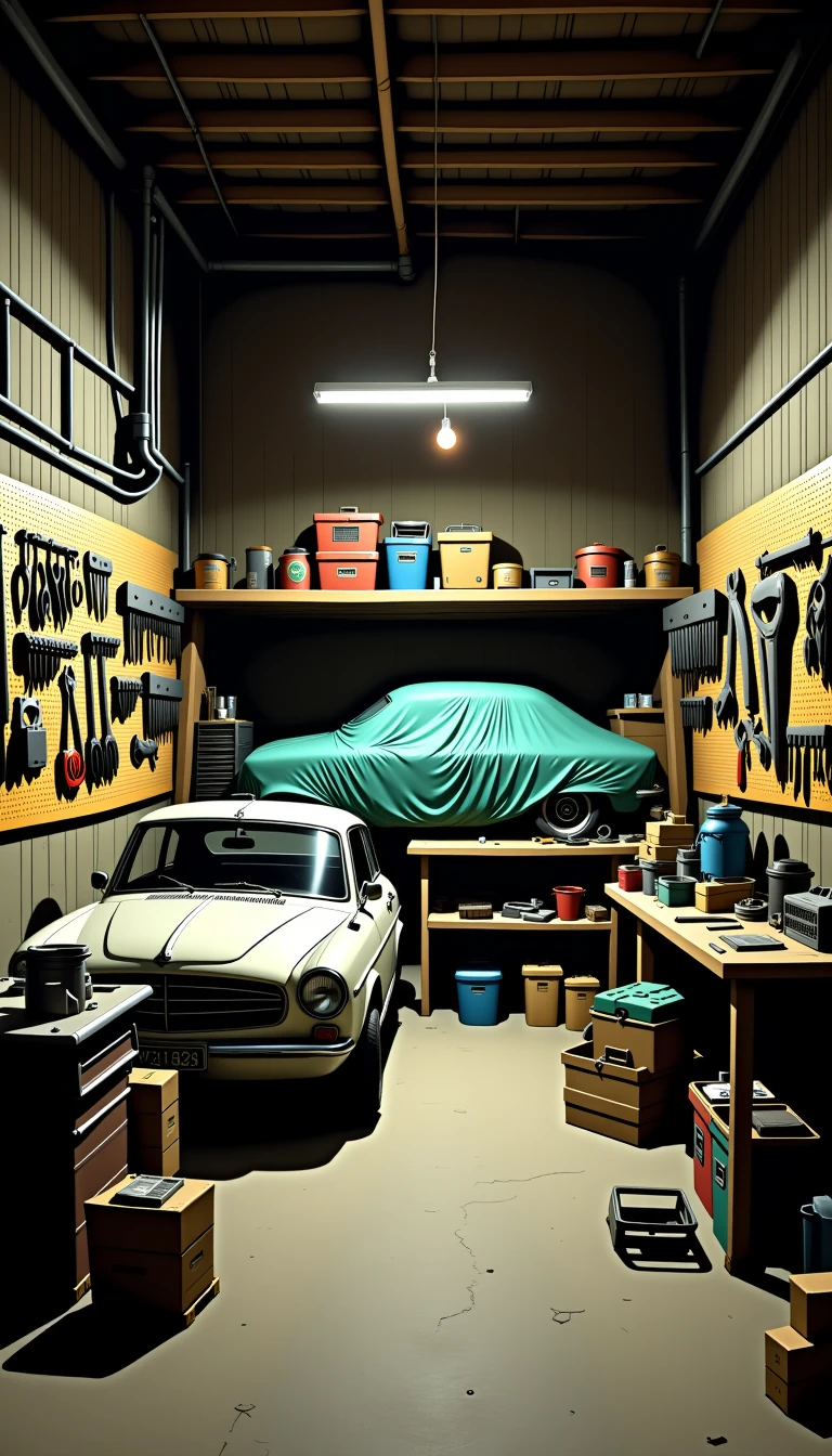 A cluttered garage workshop with tools hanging on pegboards and a half-built project on the workbench. An old car sits under a drop cloth in the corner, and the space is illuminated by a single dangling lightbulb. Old boxes and crates are stacked against the far wall.  <lora:Everly_Heights_Set_Builder_FLUX:1>