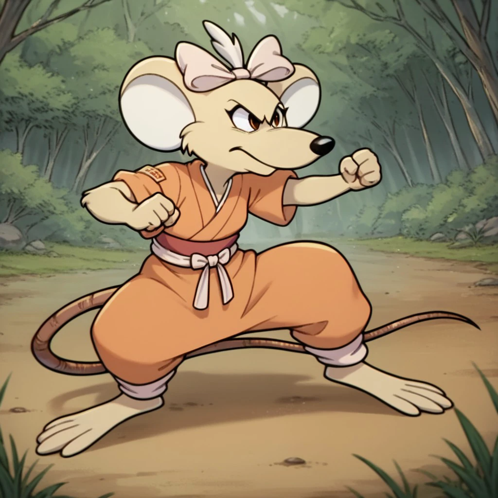 score_9, score_8_up, score_7_up, score_6_up, score_5_up, score_4_up, source_furry, Marciabb, young anthro, female, Marsupial Mouse, tan fur,  red-orange kimono, fighting stance, woods, light pink hair bow, <lora:1a04c254-214b-43f5-a4af-9f875c02286c:0.7>