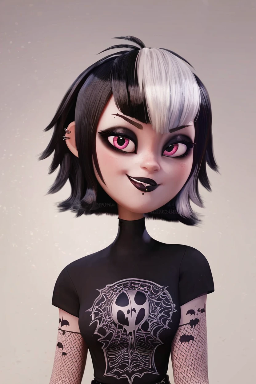 score_9, score_8_up, score_8, medium breasts, (curvy), cute, eyelashes,       BREAK, ,   ,,, <lora:GothMavis_PDXL:0.8>, zzGothMavis, black hair, white hair, makeup, short hair, black lips, multicolored hair, two-tone hair, ear piercing, eyeshadow, gothic, shirt, lipstick, tattoo, turtleneck, cross ,,, , BREAK, smile, looking at viewer, cowboy shot, ,,, embedding:zPDXL, <lora:DiivesP1:0.7>,