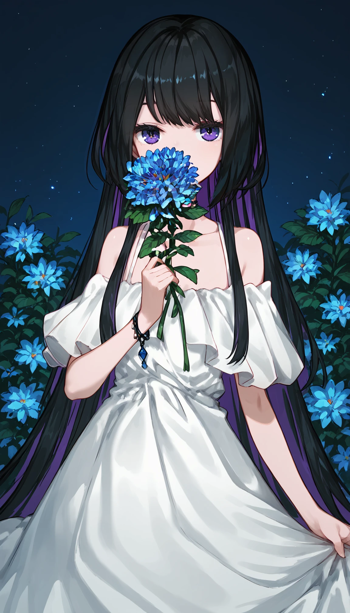 (score_9,score_8_up,score_7_up),
1girl, solo, black hair, white dress, mikimiki-dress, colored inner hair, sitting, holding flower, night