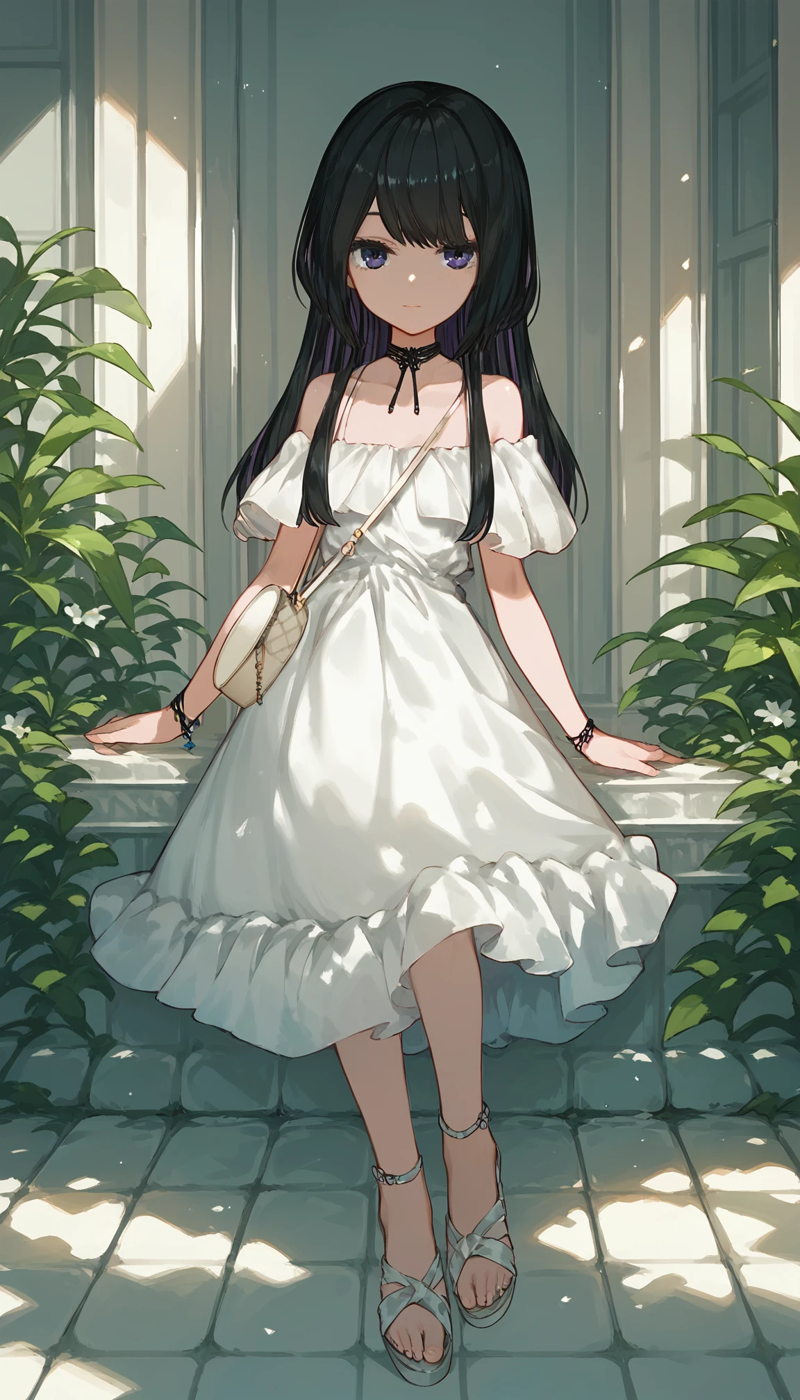 (score_9,score_8_up,score_7_up),
1girl, solo, black hair, white dress, mikimiki-dress, colored inner hair, sitting, handbag, sandals, sunlight