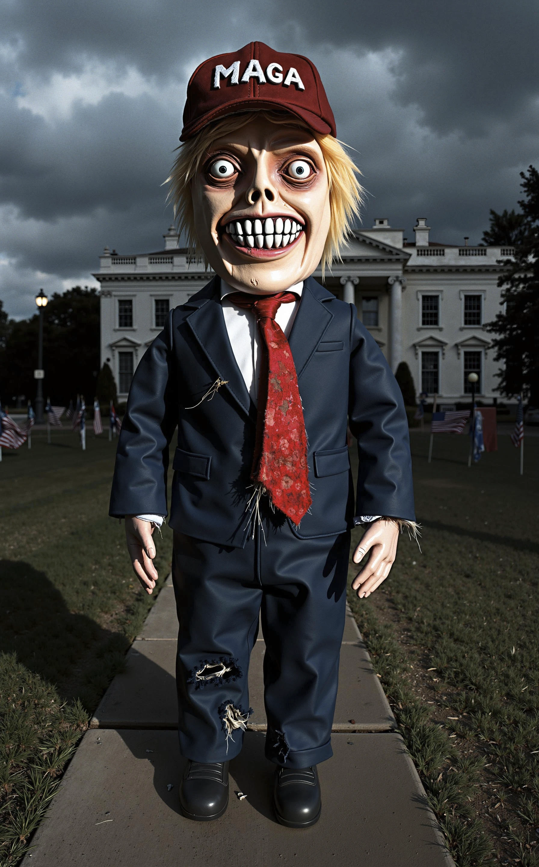 HAS12345.3FR,Creepy,a deeply unsettling, grotesque parody doll of Donald Trump, designed to maximize creepiness while still retaining recognizable features. The doll’s head is oversized and misshapen, with pale, cracked skin that has an almost rotting appearance. His hollow, bulging eyes are wide open, spiraling inward as if hypnotizing anyone who dares look at them. His mouth is twisted into a horrifying grin, with jagged, uneven teeth protruding from his gums, giving an eerie sense of decay. His iconic blonde hair is sparse, clumped into greasy patches that barely stick out from under a weathered red baseball cap that reads “MAGA” in faded, dirty white letters.

His body is dressed in a torn, disheveled version of his trademark navy blue suit, with an oversized red tie that’s frayed at the edges. The doll’s hands are disturbingly small, but grotesquely skeletal, with long, thin fingers that look sharp and grasping. The suit is tattered, and there are exposed seams on the doll, as if it’s barely held together, with some stuffing leaking from the side.

Location Description: Place the doll standing in front of a dark, decaying version of the White House. The structure is crumbling, with broken windows and vines creeping up the walls. The once-grand lawn is overgrown, littered with forgotten campaign signs and shredded American flags. In the sky, dark, ominous clouds swirl overhead, casting eerie shadows over the scene. Flickering streetlights cast just enough light to make the silhouette of the doll appear even more menacing, while a distorted, faint version of "Hail to the Chief" plays hauntingly in the background.