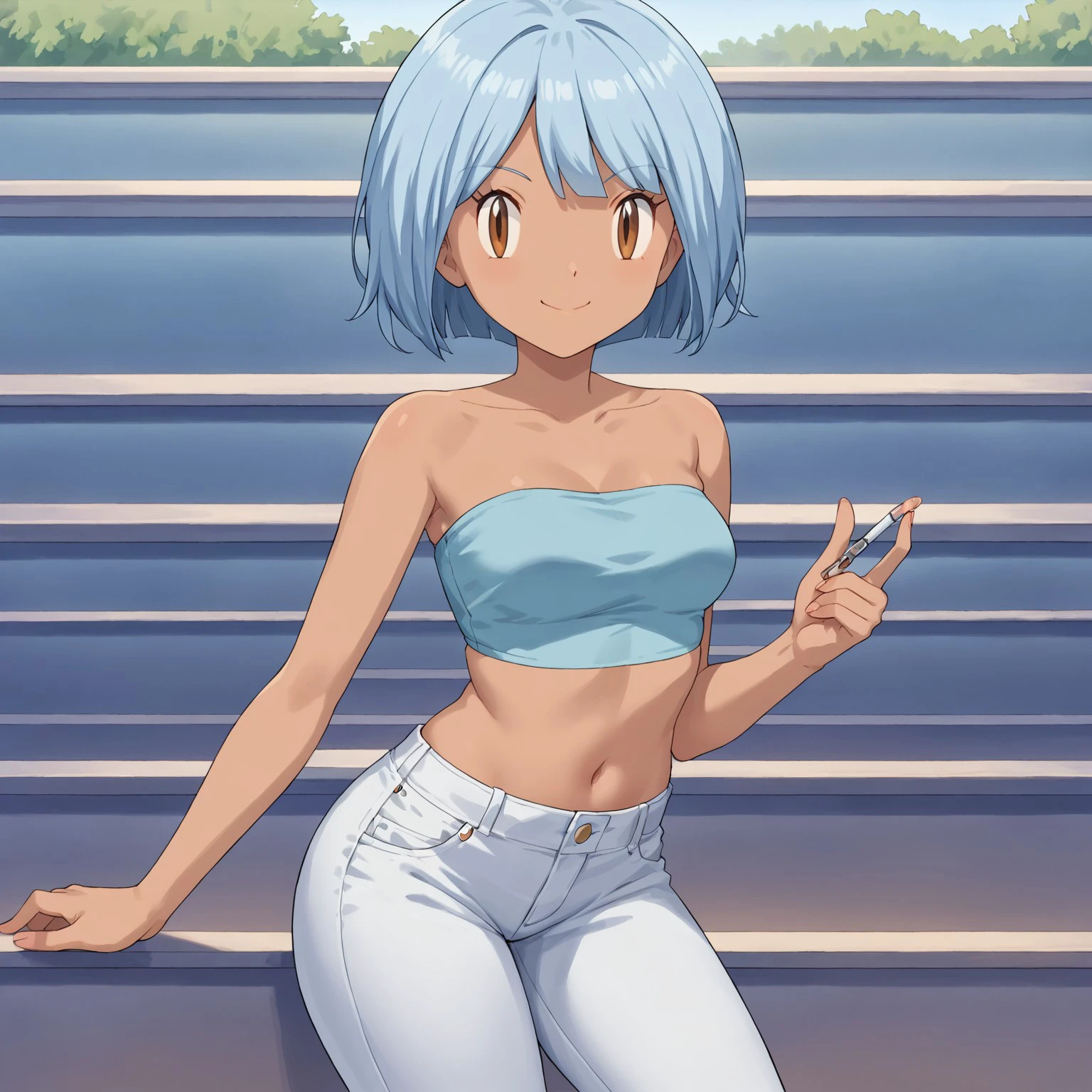 score_9, score_8_up, score_7_up, girl, outdoor,  
  looking at viewer, smile, closed mouth, wide smile tube top, white jeans, posing, pokemon,pokemon \(anime\),
short hair, blue hair, brown eyes, dark-skinned female