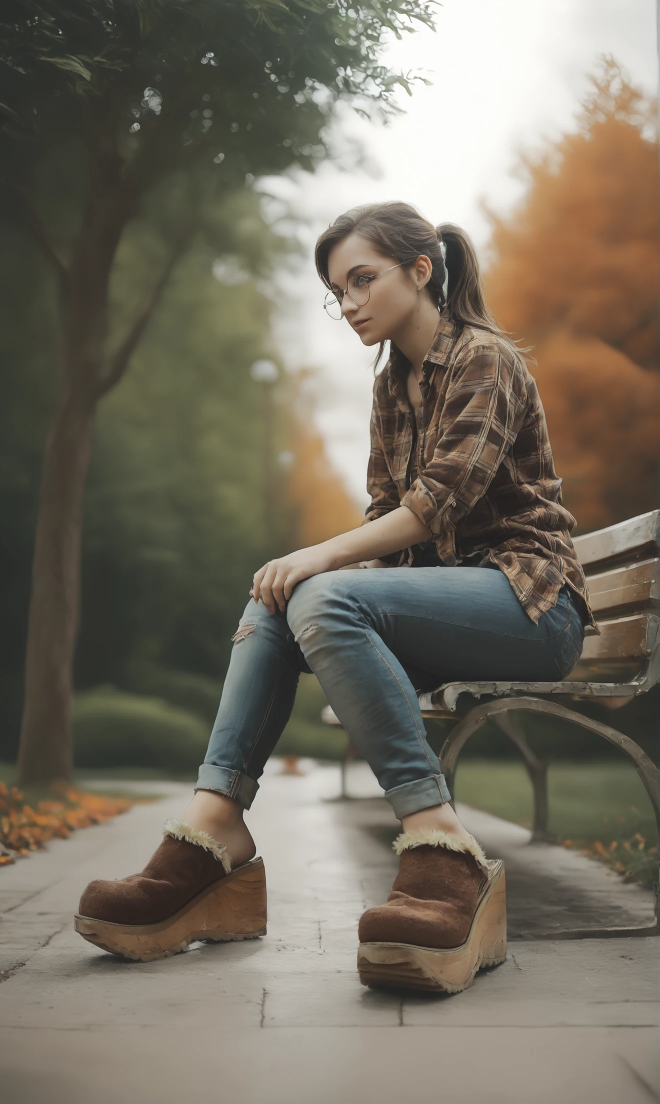 score_9, score_8_up, score_7_up, score_6_up, source_anime,
low angle, from below, from side,
autumn, outdoors, park,
1girl,
sitting, park bench,
flannel shirt, jeans, round glasses, ponytail, brown hair,
sherpa clogs, platform footwear,
embedding:zPDXLrl ,
embedding:zPDXL2 ,