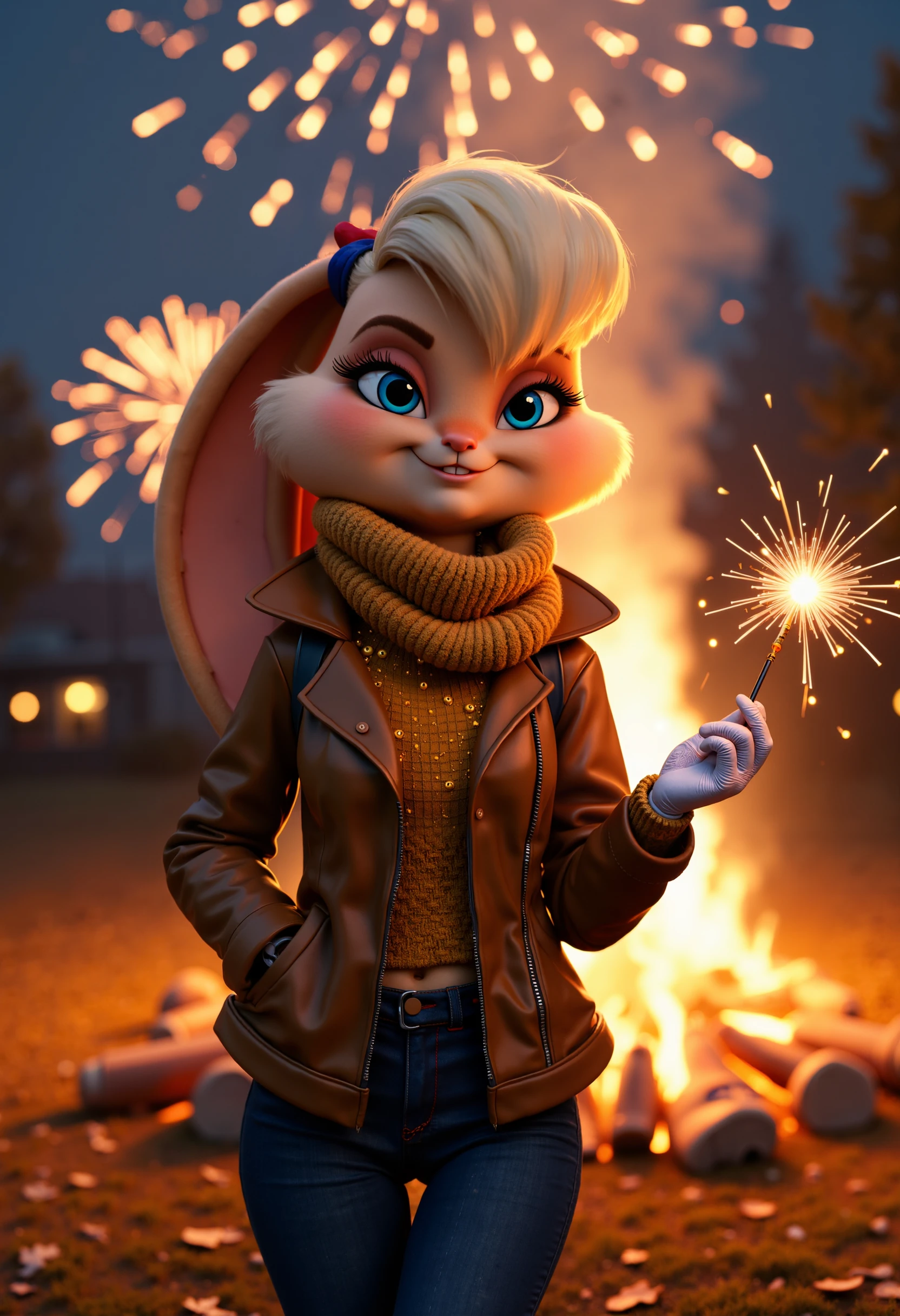 Lola Bunny in a cozy autumn outfit with a warm brown leather jacket and a knitted scarf with white gloves, standing near a bonfire on Bonfire Night with fireworks lighting up the night sky, holding a sparkler.