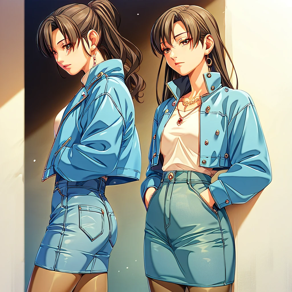 Mayumi Mitsuhi, normal suit, pantyhose, blue jacket, Denim skirt, jewelry, score_9, score_8_up, score_7_up, score_6_up, high quality, best quality, beautiful aesthetic, very intricate, high quality details, perfect details, best resolution, masterpiece,