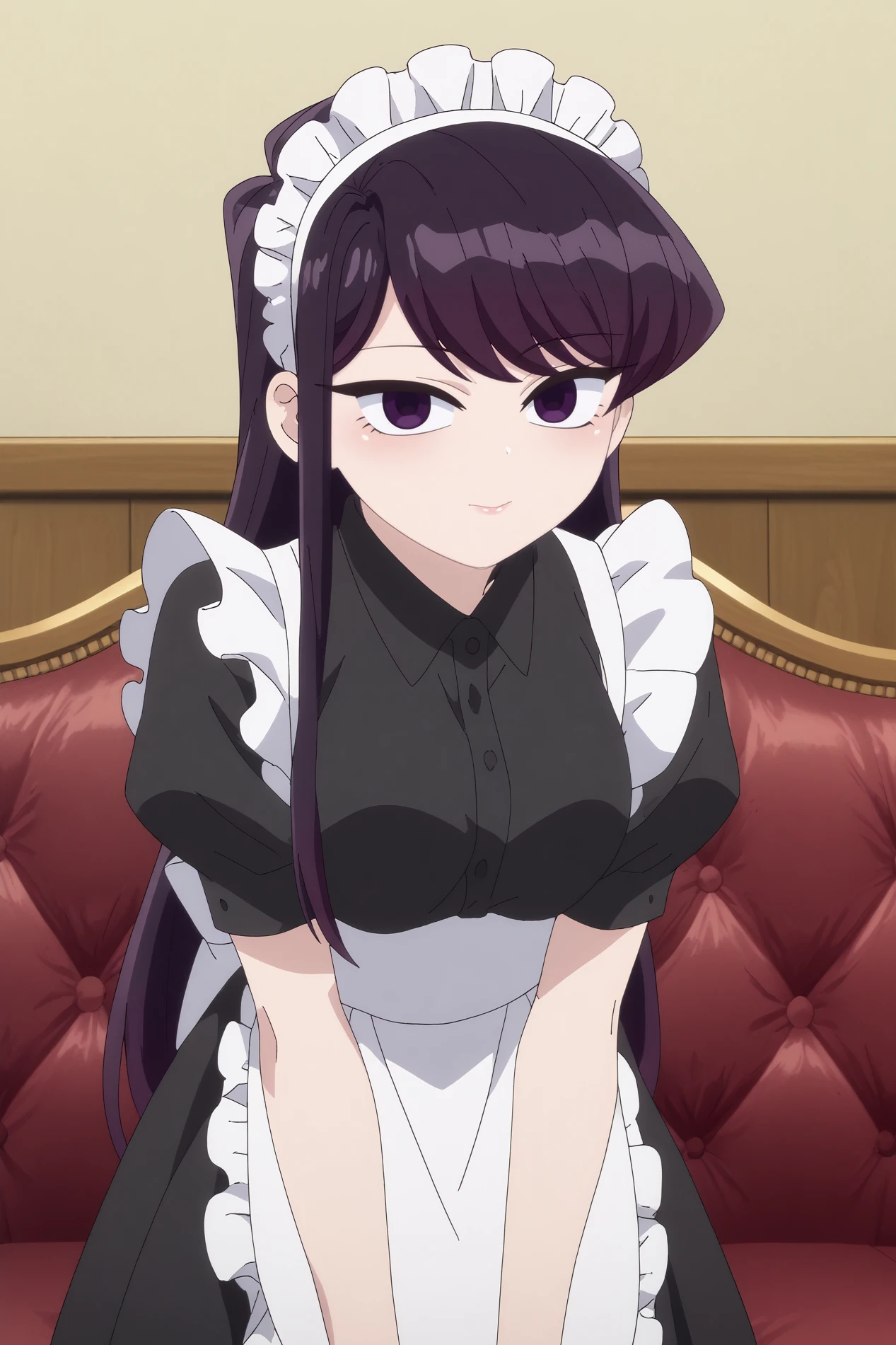  komi shouko,1girl,solo,long hair,looking at viewer,maid headdress,apron,maid,,black hair,bangs,light smile BREAK indoors,restaurant,   Bending forward with hands on knees and a playful smile,  <lora:Komi_Shouko_-_Komi-san_wa_Komyushou_Desu.safetensors:0.8>