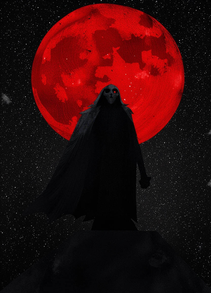 A lone witch stands as a dark silhouette against the backdrop of a massive blood-red moon, her figure cloaked in flowing robes. The scene is minimalistic, with the witch’s form defined by sharp, gritty edges, emphasizing her mysterious beauty. The night sky is empty except for the oversized moon, casting a dim crimson glow that contrasts with her shadowy outline. The atmosphere is eerie, with a sense of quiet intensity, the scene bathed in subtle, muted light from the moon.