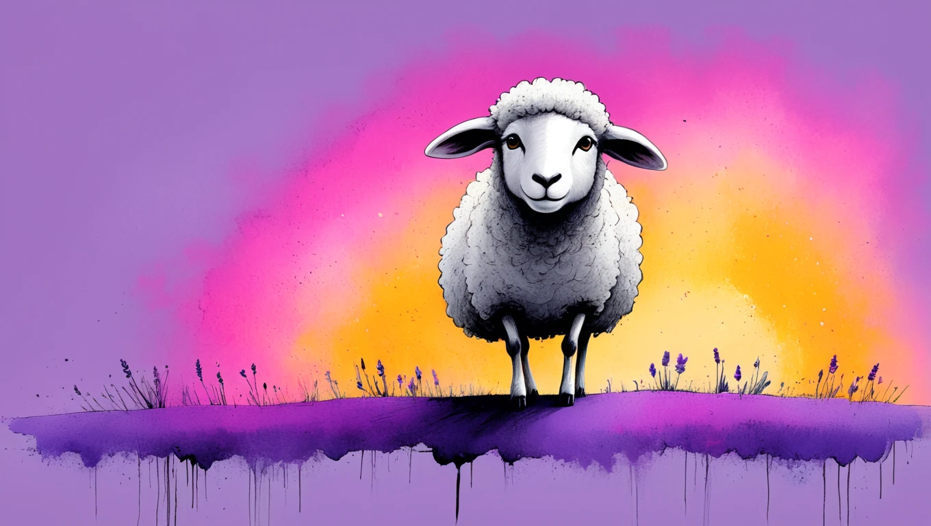 (((a lone sheep balancing on one leg))) in a (a background fading from yellow to magenta), evoking a sense of quiet exhilaration with the theme of solitude and curiosity. Rendered in childlike naivety style using mediums such as oil pastels on rough canvas, mixed media with pencil and paint, dry brush on coarse paper, featuring a color palette of sunset oranges blending into lavender. Accents include delicate splatters resembling stars, wild grasses outlined in dark ink, with special stylistic elements like grainy, textured shading, splotches of mixed colors, delicate shading around eyes.  <lora:artfullyBAAH:1>