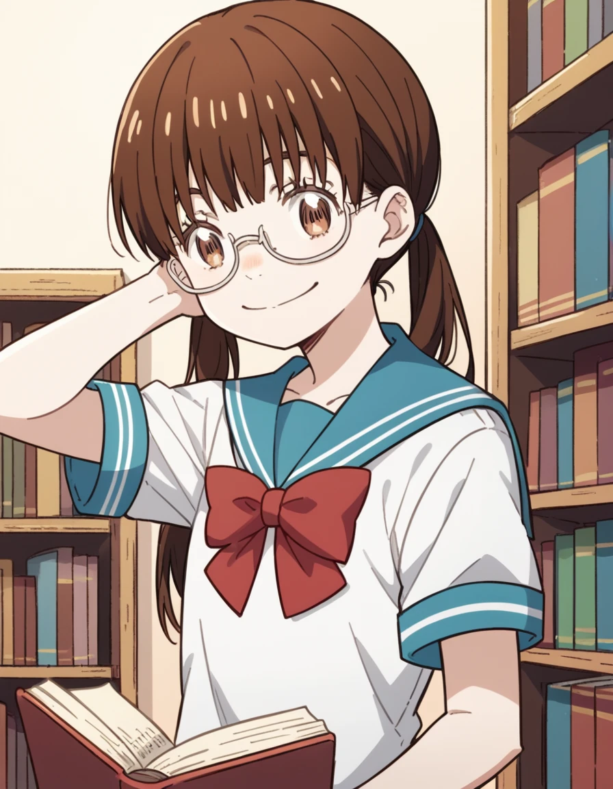 score_9, score_8_up, score_7_up, source_anime, <lora:hinata-kawamoto-s2-ponyxl-lora-nochekaiser:1>, hinata kawamoto, long hair, bangs, brown hair, twintails, brown eyes, low twintails,, shirt, bow, school uniform, white shirt, short sleeves, serafuku, bowtie, sailor collar, red bow, blue sailor collar, red bowtie,, library, reading books, glasses, quiet, focused, shelves of books, smile, looking at viewer, hand behind head, , solo,, dutch angle,