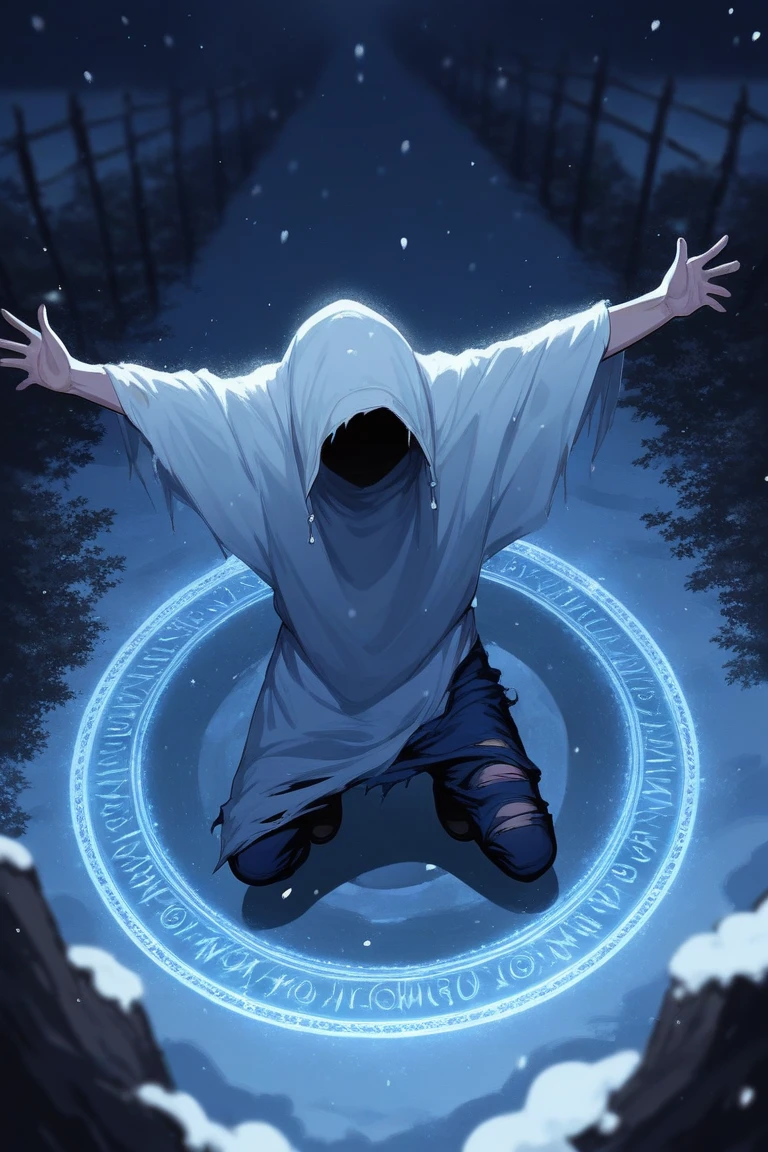 score_9, score_8_up, score_7_up, source_anime, rating_safe, night, dark, snowing, snow, winter, natural lighting, magic circle, faceless-humanoid focus, outstretched arms, squatting, Dafaceless, no face, white_Dafaceless_cloth, torn clothes, 1faceless, blurry outdoors, tentacles, from above, dutch angle, intricately detailed illustration, depth of field, atmospheric perspective, horror (theme), blue theme