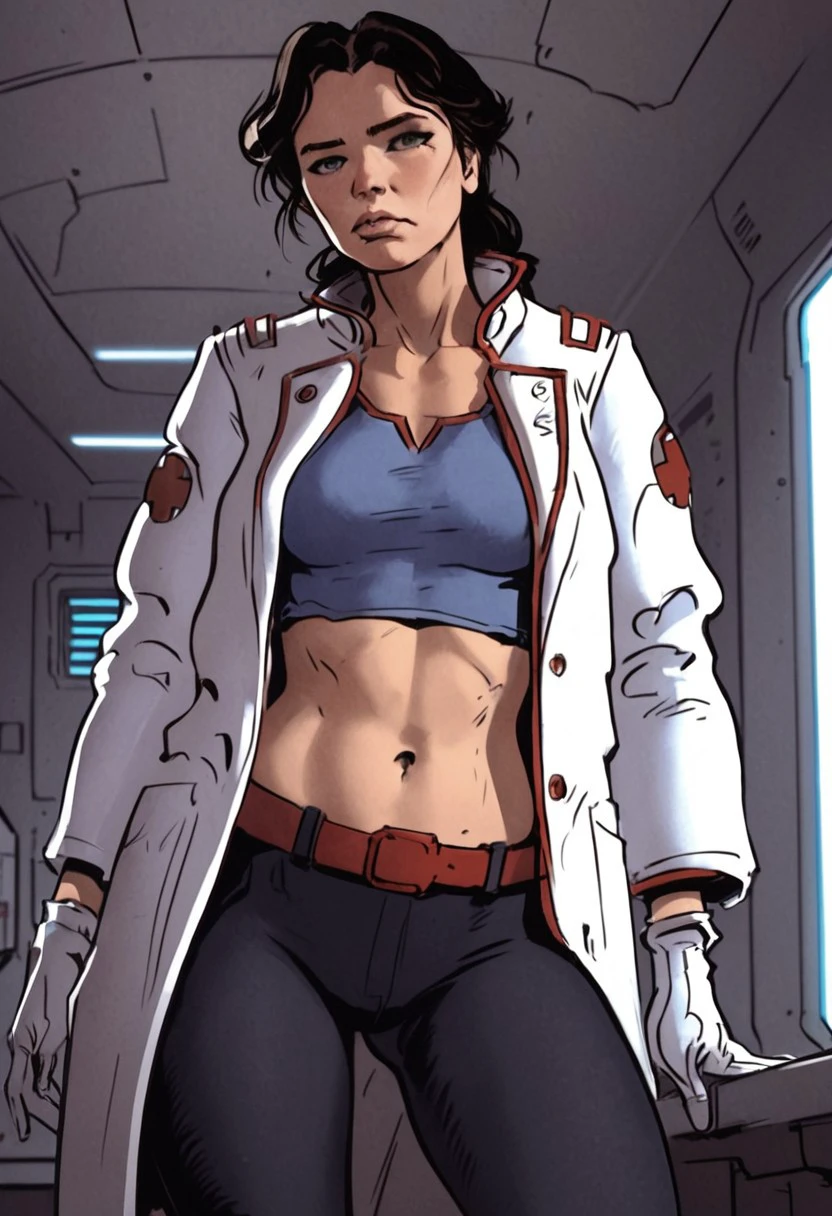 score_9, score_8_up, score_7_up, perfect face, best quality, masterpiece, lisa_caron, 1girl, solo, midriff, navel, blue crop top, red belt, black boots, medium breasts, white gloves, black leggings, white doctor jacket, standing, cowboy shot,
Detailed background, indoors, spaceship, dynamic angle, ultraHD, ultrarealistic, nightime, futuristic, Expressiveh