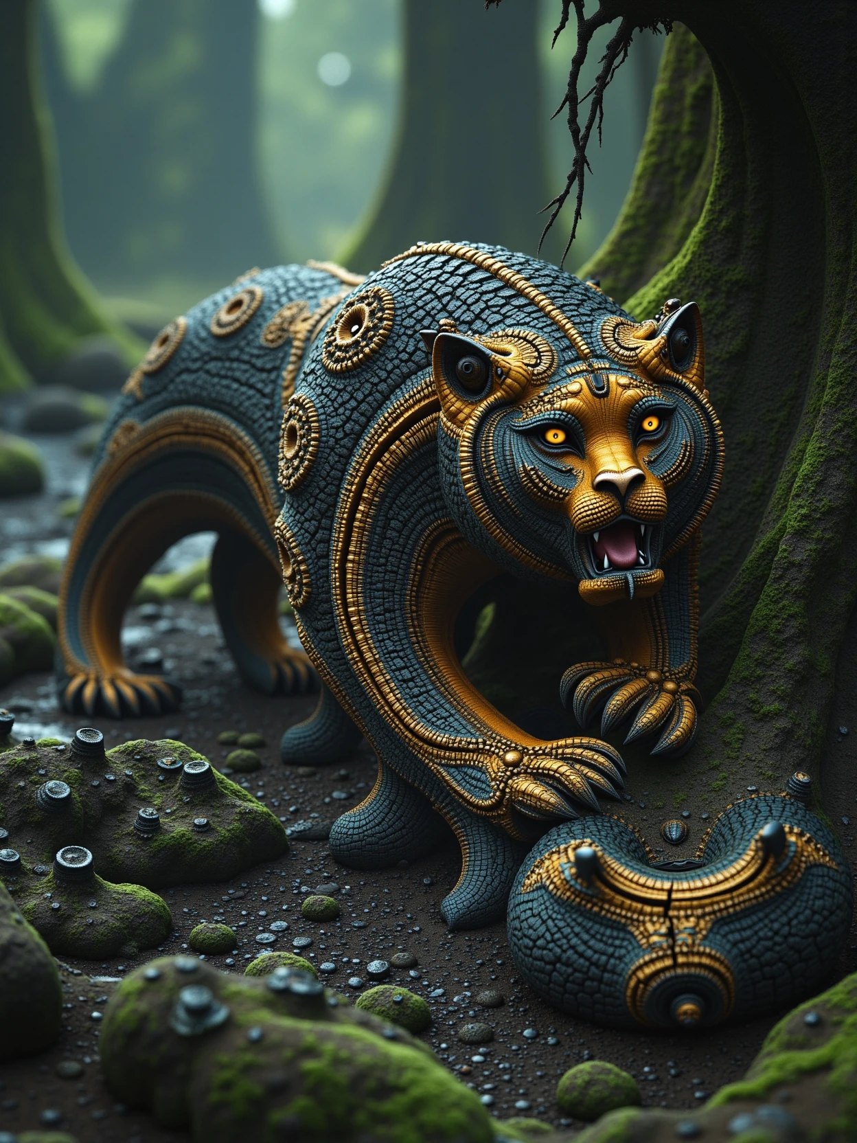 acidpolypite,a coil-like tiger in the mystic forest,crawling, 