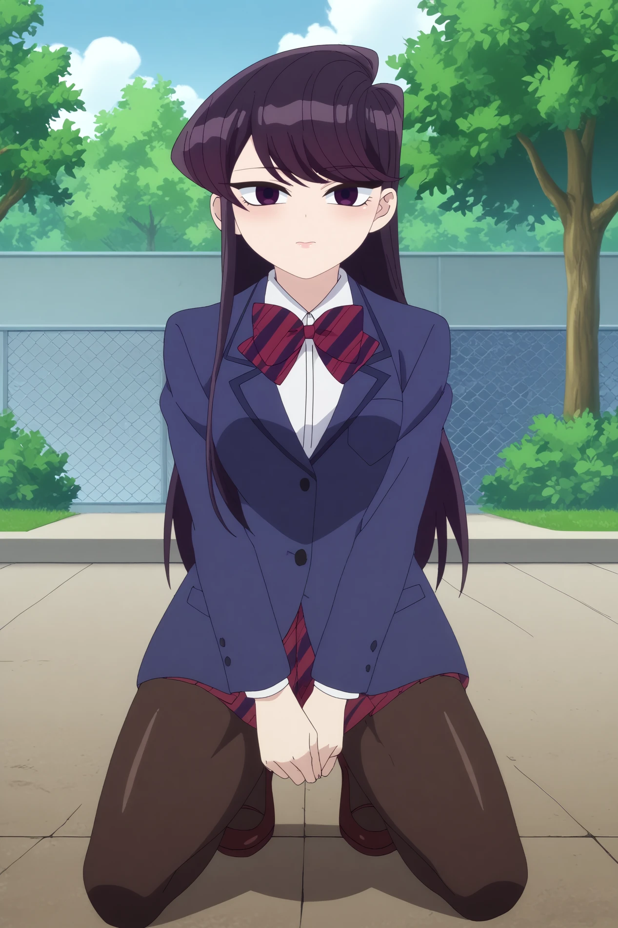 komi shouko,1girl,solo,long hair,looking at viewer,pantyhose, jacket,school uniform,black hair,bangs,bow,bowtie,striped clothes,light smile BREAK outdoors,school yard,school_building,tree   Kneeling with hands on the ground and looking back,  <lora:Komi_Shouko_-_Komi-san_wa_Komyushou_Desu.safetensors:0.8>