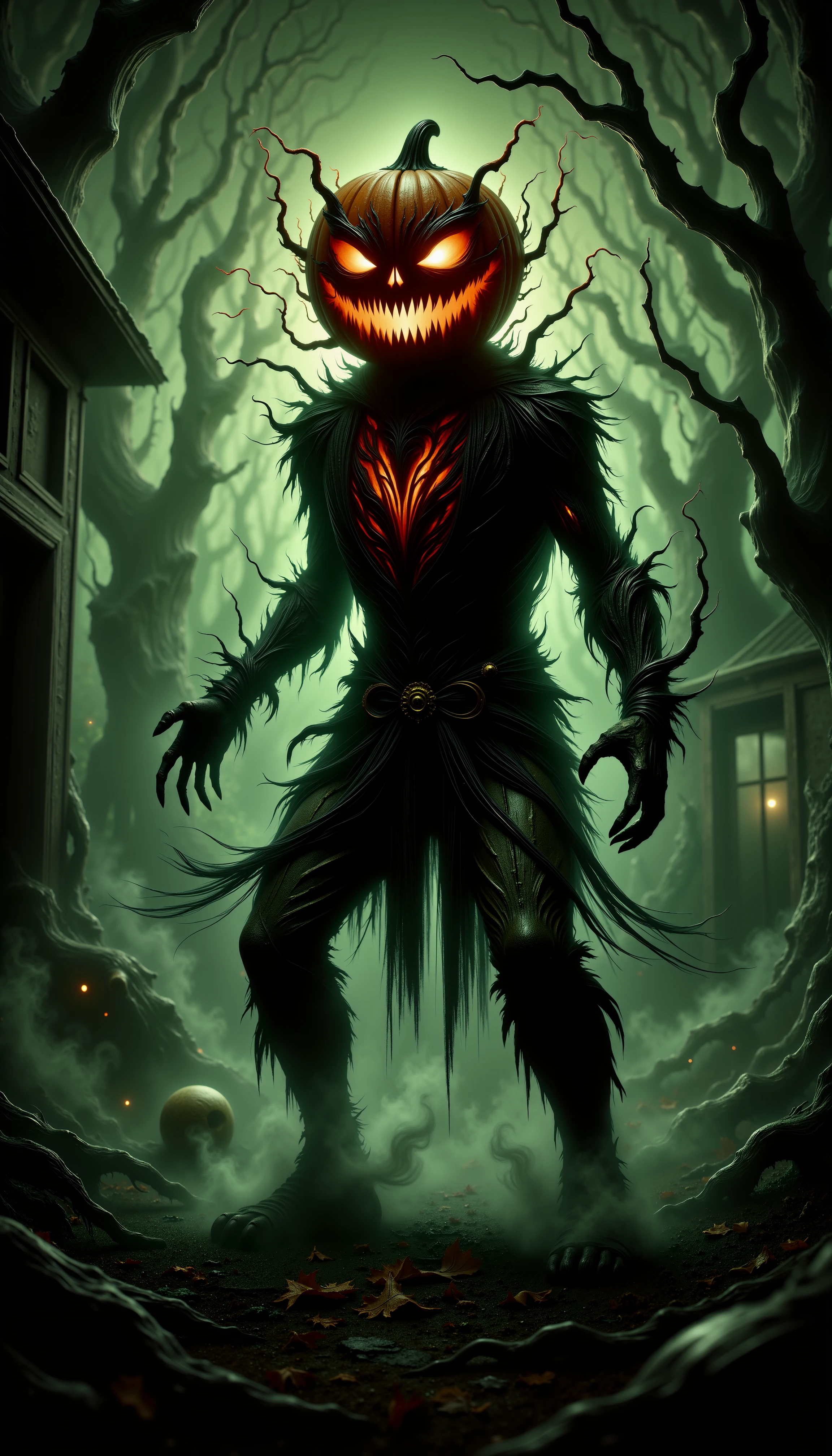 A hyper-realistic image of a pumpkin-headed man caught in the throes of maniacal laughter. The pumpkin head is intricately carved with exaggerated features - wide, triangular eyes and a gaping, jagged mouth stretched in a disturbing grin. Flickering orange light emanates from within the pumpkin, casting an eerie glow on the surrounding area. The man's body is clothed in tattered, old-fashioned garments - a ragged shirt and worn trousers that suggest a bygone era. His posture is hunched and twisted, hands raised with fingers curled, emphasizing the manic energy of his laughter. The scene is bathed in a sickly green atmospheric light that contrasts sharply with the warm orange glow from the pumpkin head. This creates a unsettling color palette dominated by these clashing hues. Deep shadows stretch across the ground and climb nearby surfaces, adding to the ominous atmosphere. The background is shrouded in darkness, with only vague shapes of gnarled trees or abandoned structures barely visible. Wisps of fog curl around the figure's feet, adding to the supernatural ambiance. Every detail is rendered with photorealistic precision: the texture of the pumpkin's skin, the weathered fabric of the clothing, and the play of light and shadow across the scene. The overall effect is a deeply unsettling image that captures the essence of Halloween horror and madness., <lora:Flux_Eerie Ghoulish Style ð_epoch_5.safetensors:1.0:1.0>