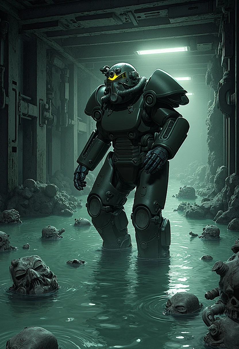 Imagine an image in the style of a gritty graphic novel: The T51 power armor trudges through a flooded underground bunker, water reaching up to its knees. The helmet’s glowing eyes reflect off the water, illuminating skeletal remains floating around. Decaying metal beams and flickering lights add to the sense of abandonment and decay.