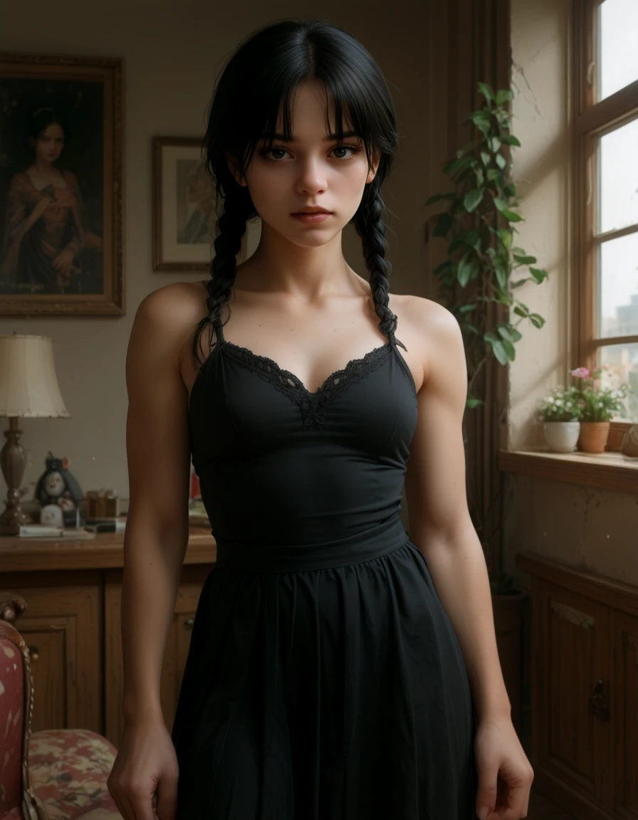 1girl, girl, (anatomically correct:1.2), (toned:1.2), BREAK (score_9, score_8_up, score_7_up:1.3), BREAK <lora:bb271_wedn:1> (wednesday:1.4), black hair, black dress,
indoors,