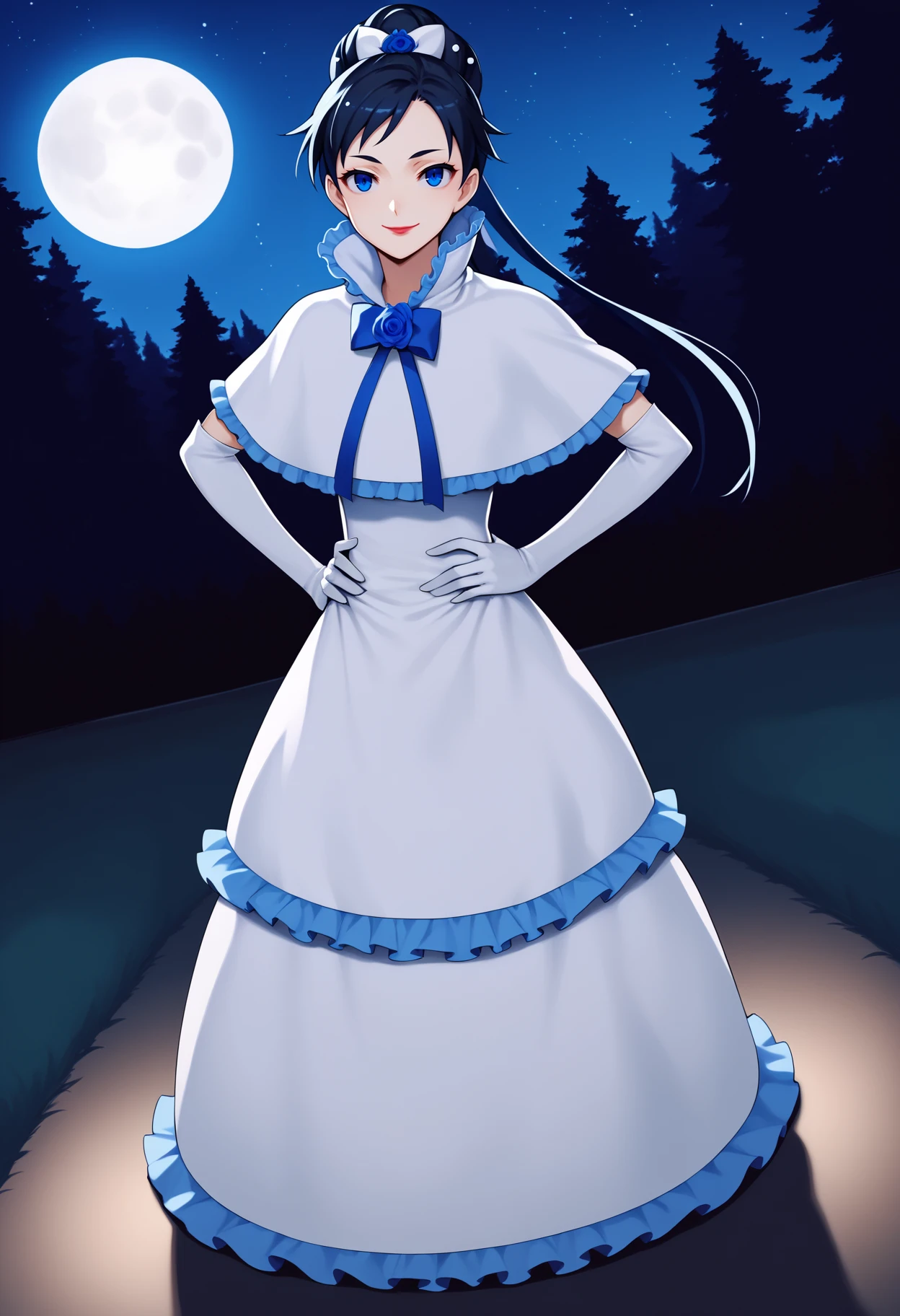 score_9, score_8_up, score_7_up, BREAK
1girl, divabl, blue eyes, black hair, long hair, lipstick, hair bun, ponytail,
hair bow, blue flower,
frilled dress, white capelet, white elbow gloves, frills,
full body, hands on hips, smile, outdoors, night, forest, night, moon, starry sky, looking at viewer, cowboy shot, dutch angle,
[refraction|caustics|rim lights|backlighting|bloom], <lora:DivaPDXL_byKonan:1>