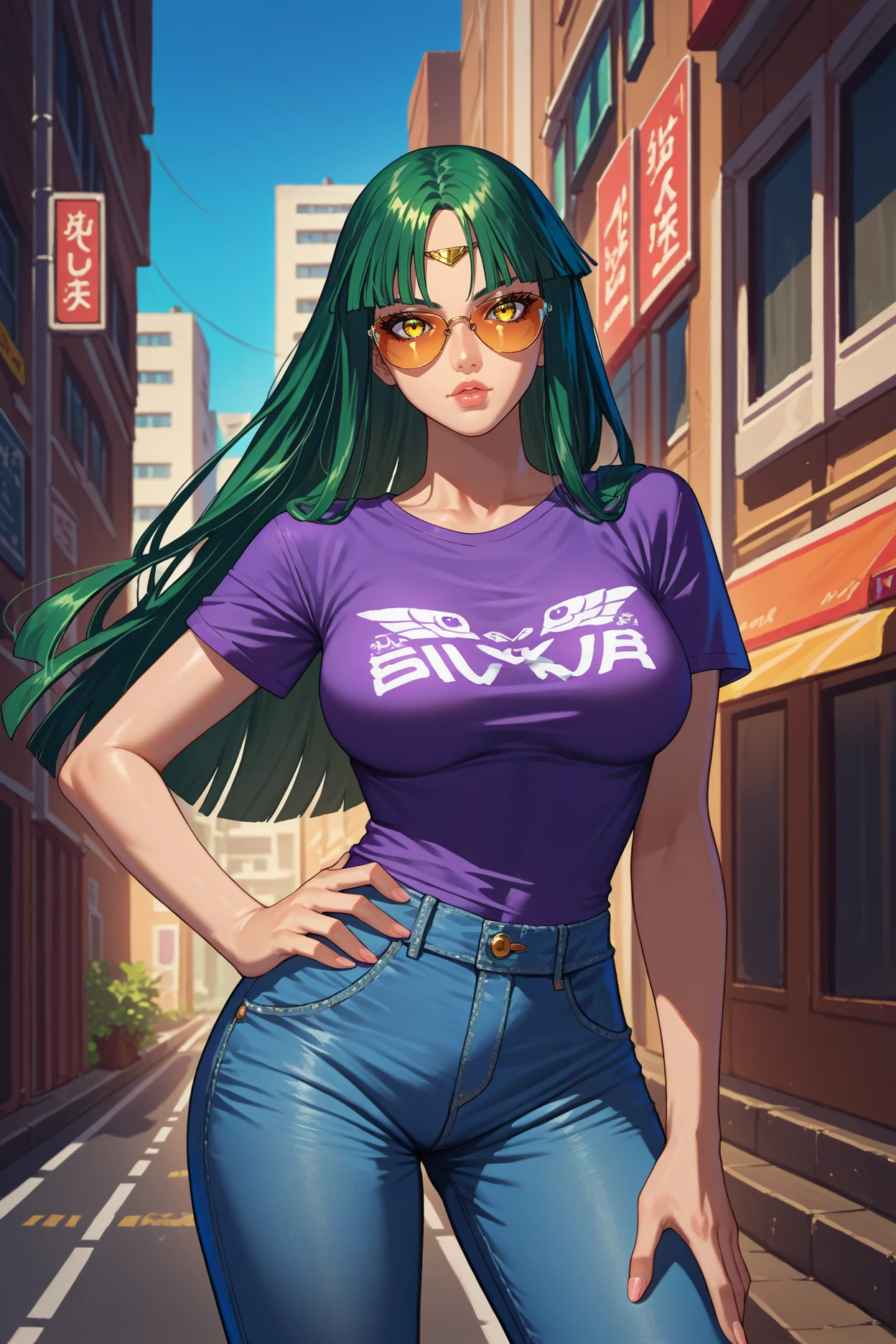 score_9, score_8_up, score_7_up, score_6_up, source_anime, 1girl, solo, <lora:nagisaouka-pdxl-nvwls-v1-000005:1> srwouka, green hair, long hair, yellow eyes, circlet, large breasts, purple t-shirt, jeans, sunglasses, city, hand on hip, looking at you, lips