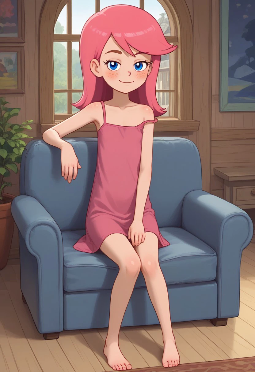 skinny shorty undersized anorexic solo female focus, long pink hair girl,  huge blue eyes, olya, freckles, blush, , looking at viewer , prostokvashino cartoon character, village house veranda background, barefoot, flatchested, tube slip dress, relaxing on armchair, resting pose, sly, smug,