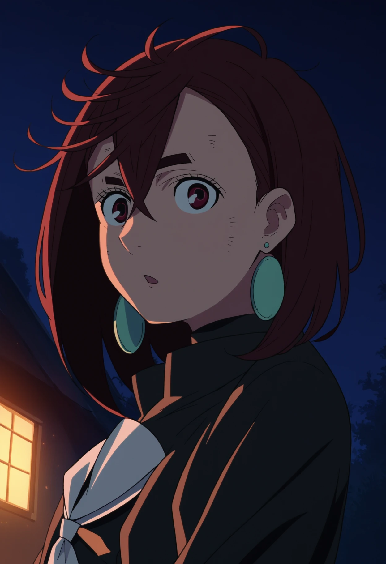 score_9, score_8_up, score_7_up, score_6_up, score_5_up, score_4_up, BREAK
ayase_momo, 1girl, solo, earrings, jewelry, night, school uniform, anime coloring, red hair, gakuran, looking at viewer, short hair, hair between eyes, outdoors, brown hair, sky, messy hair, red eyes, brown eyes, open mouth, upper body, medium hair, jacket, parted lips, thick eyebrows
<lora:momo_ayase_dandadan:1>