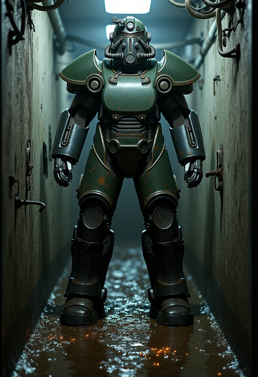 Imagine an image in the style of dramatic cinematic photorealism: The T51 power armor is in a dimly lit, flooded vault corridor. Water drips from the ceiling, pooling around the feet of the armor, while faint sparks from exposed wiring reflect in the liquid. The armor’s metallic surface gleams, covered in grime and rust, and its imposing figure dominates the narrow space.