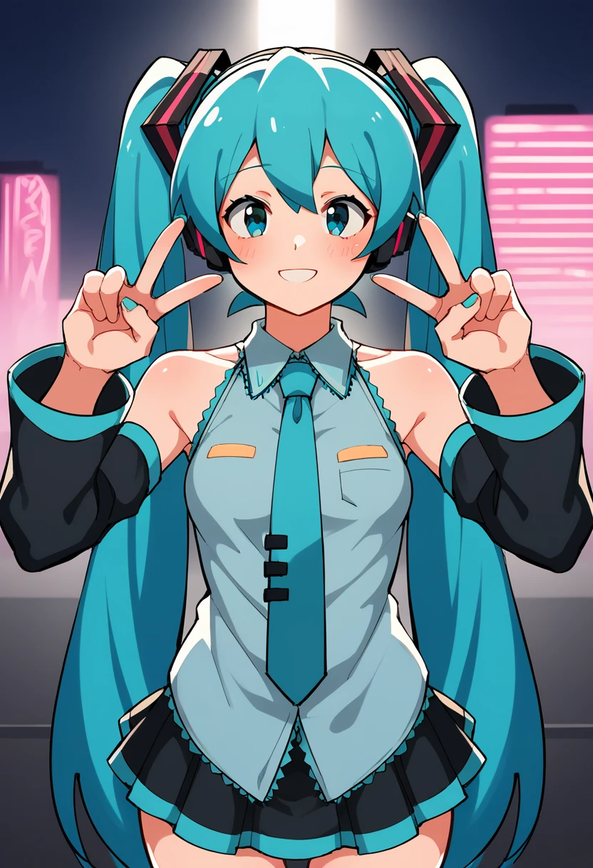 score_9, score_8_up, score_7, sketch, expressive, source_cartoon, celshaded, BREAK, upperbody, 1girl, double v, peace sign, city skyline, neon lights, Hatsune Miku, twintails, long blue hair, aqua eyes, dress shirt, exposed shoulders, detached sleeves, skirt, slight blush, looking at viewer, smile, warm lighting, 