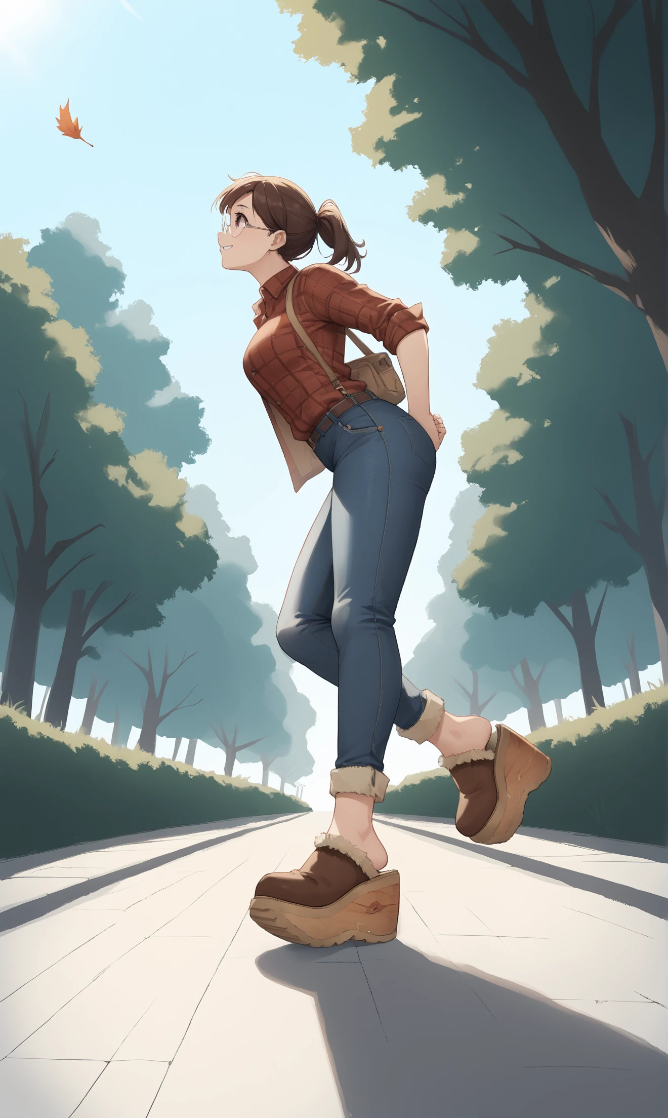 score_9, score_8_up, score_7_up, score_6_up, source_anime,
low angle, from below, from side,
autumn, outdoors, park,
1girl,
walking, arms out, looking up, happy,
flannel shirt, jeans, round glasses, ponytail, brown hair,
sherpa clogs, platform footwear,
embedding:zPDXLrl ,
embedding:zPDXL2 ,