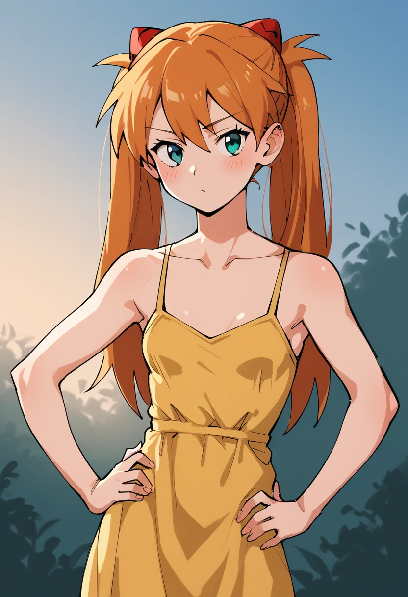 score_9, score_8_up, score_7, sketch, expressive, source_cartoon, celshaded, BREAK, upperbody, upperbody, 1girl, one hand on hip, outdoors, blue skies, windy day, asuka langley, twintails, orange hair, aqua eyes, small breasts, yellow loose summer dress, low cut dress, slight blush, looking at viewer, warm lighting,