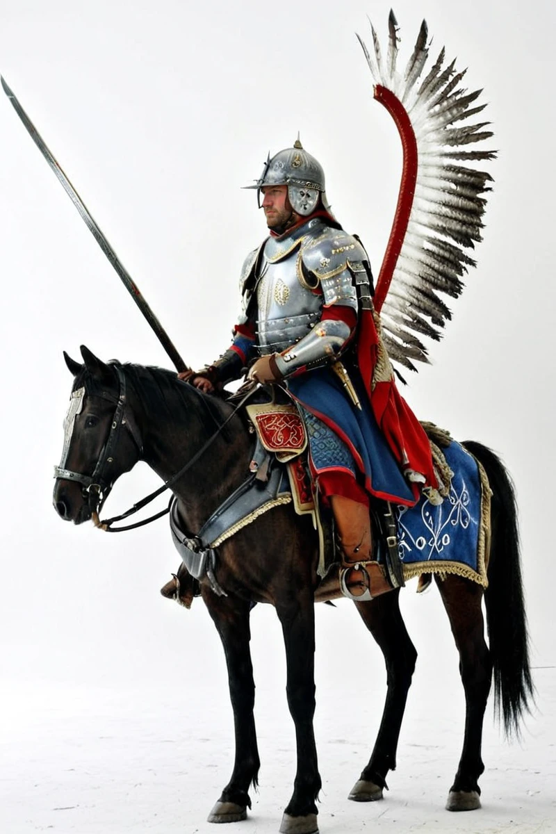 hires digital photo, photorealism, simple white background, full body, from side, solo, male focus, on horseback, wearing winged_hussar_armor, holding sheathed sabre, hilt grip, helm, breastplate, pauldrons, faulds, vambraces, boots, black caparisoned horse, <lora:Polish_Hussar_Armor_XL-000013:0.8>, intricate details, high resolution,