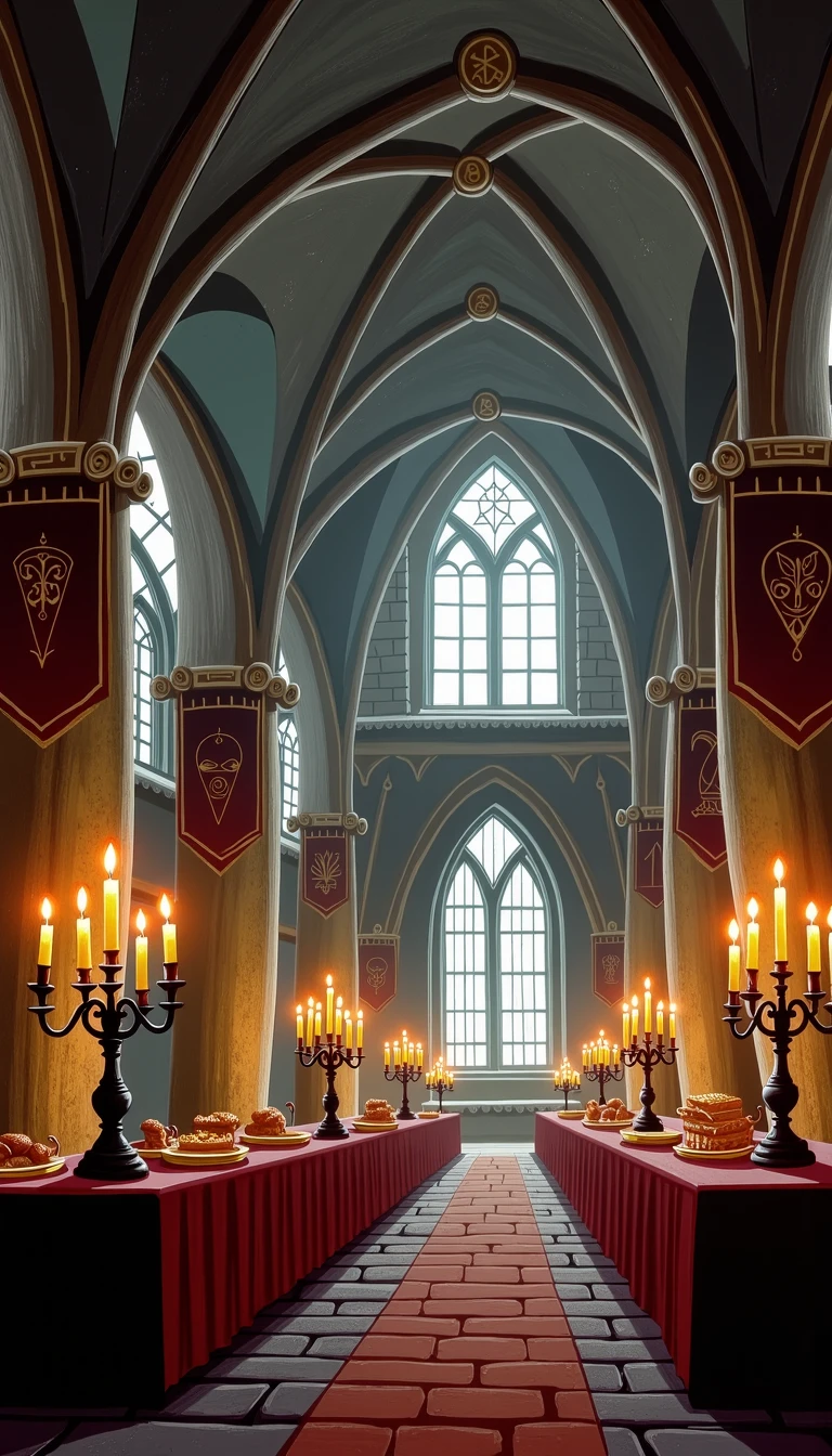 A grand, medieval castle hall with soaring ceilings supported by towering stone pillars. A long banquet table stretches down the center of the room, adorned with flickering candelabras and golden platters. Large, arched windows let in beams of light, while banners bearing ancient symbols hang from the walls.  <lora:Everly Heights Retro Cel-Frame FLUX:1>