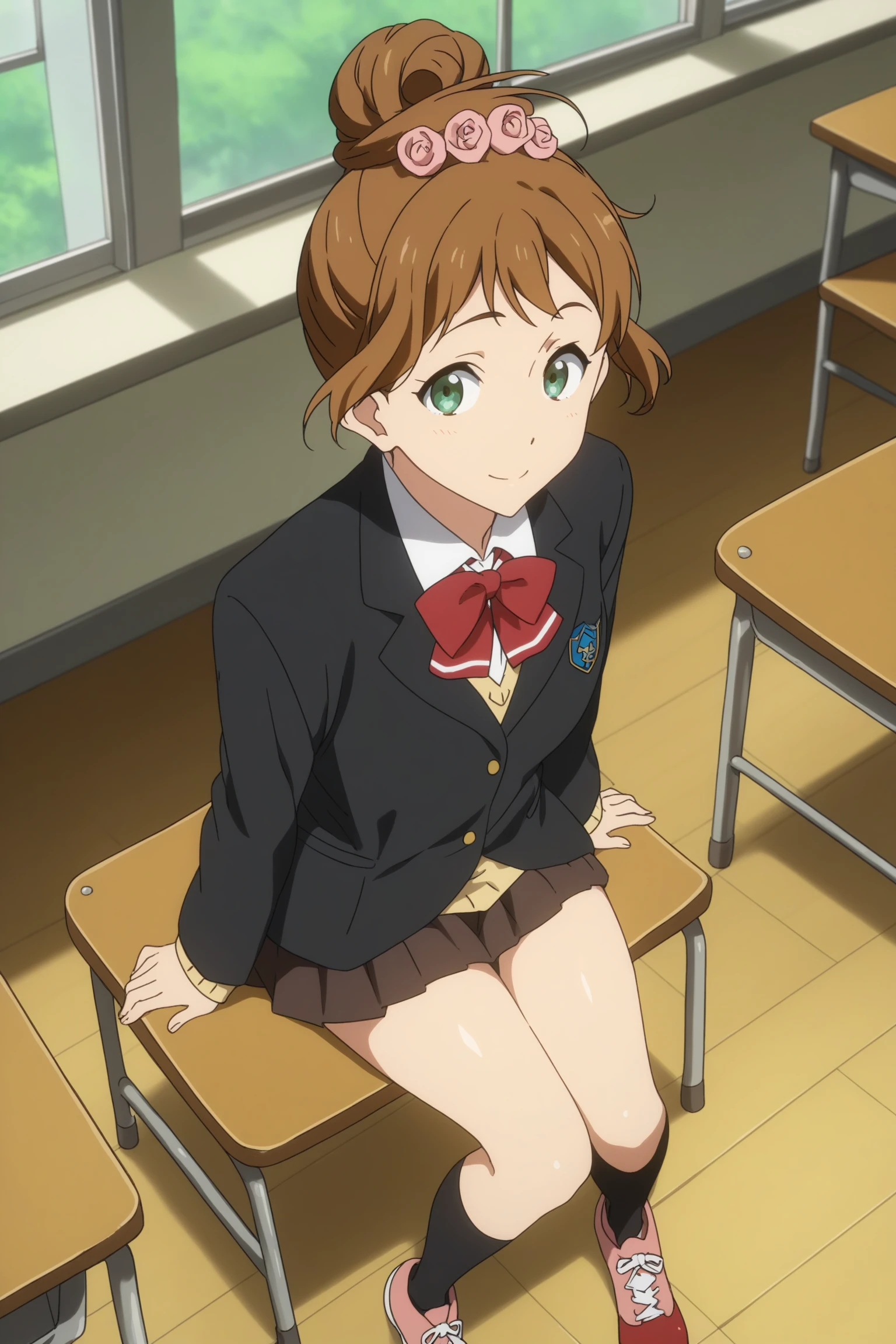 Highest quality, masterpiece, High resolution, (Head to Toe full body), front, frontやや下からの構図, Symmetric, Tall 18 year old girl, alone, (Head to Toe), (Small breasts), disheveled brown hair, bangs, (black tights), (Black Pantyhose), (Sit with your legs apart), (Crouching pose), (Composition showing white panties), (She has her legs spread and her white panties are visible.), (Sit on the floor with your legs spread), (M-shaped foot), Thin legs, とても美しくTall 18 year old girl, (No shoes), blush, Shy big eyes, Looking into the camera, Blazer uniform, Checkered Pleated Skirt、Kumiko Oumae