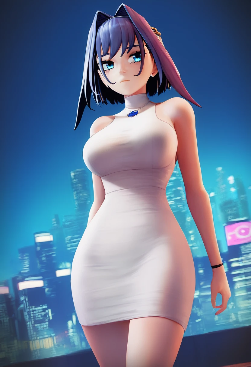 1girl, ouro kronii, hololive, dongtan dress, fugtrup, 3d, short dress, expressionless, dutch angle, outdoors, cityscape, night, best quality, good quality, <lora:fugtrup:1>