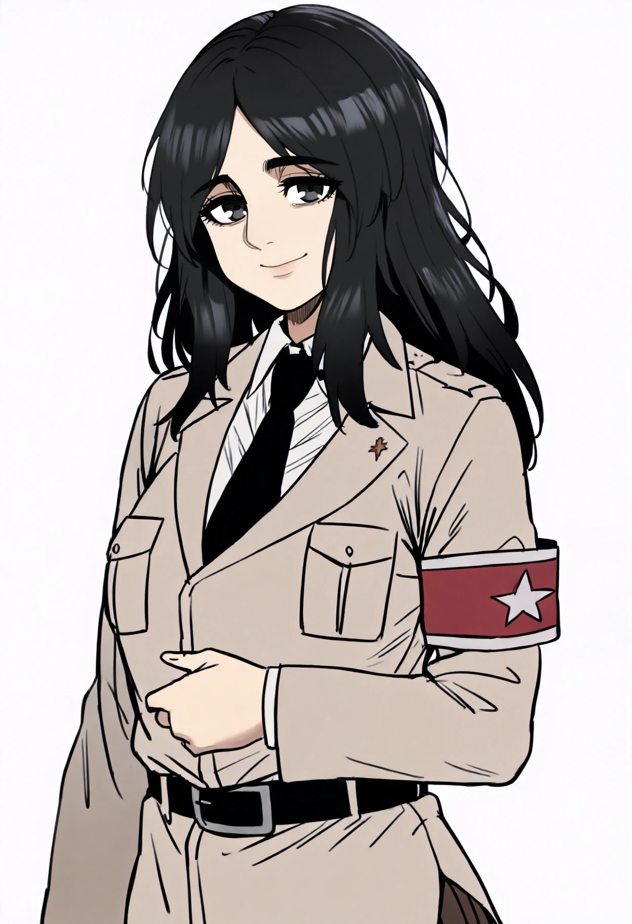 best quality, amazing quality, very aesthetic, absurdres,
1girl, pieck, pieckeldian, black hair, long hair, black eyes,
armband, breast pocket, brown coat, pleated brown skirt,
closed mouth, collared shirt, long sleeves, necktie,
upper body, smile, looking at viewer, solo, simple background, white background   <lora:PieckIllustriousXL_byKonan:1>