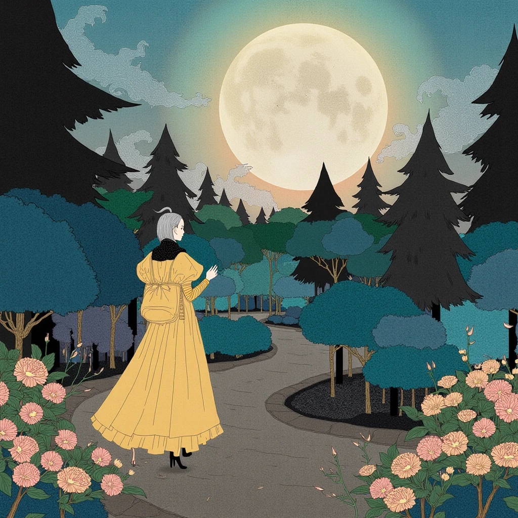 In style of Kotaro Chiba. A noblewoman walking through a moonlit garden where the trees and flowers are glowing softly, creating an ethereal atmosphere mixing real and surreal.