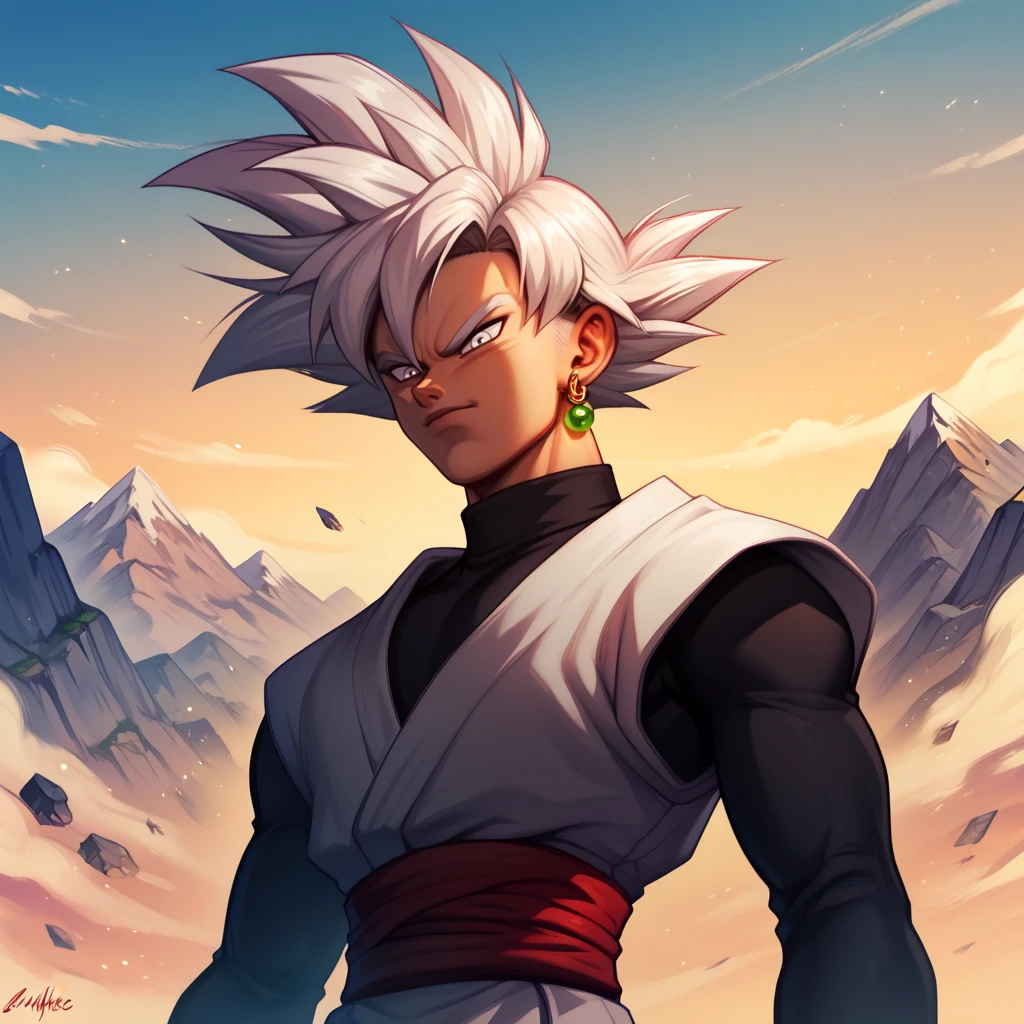 zPDXL3, score_9, score_8_up, score_7_up, score_6_up, score_5_up, score_4_up, highres, incredibly absurdres, highly detailed, outdoors, upper body, 1boy, solo, <lora:Goku_Black:0.6> goku black, white hair, spiked hair, white eyes, single earring, grey dogi, long sleeves, black turtleneck sweater, red sash,  <lora:Artist_Style_-_Evul:0.8> evul-dh