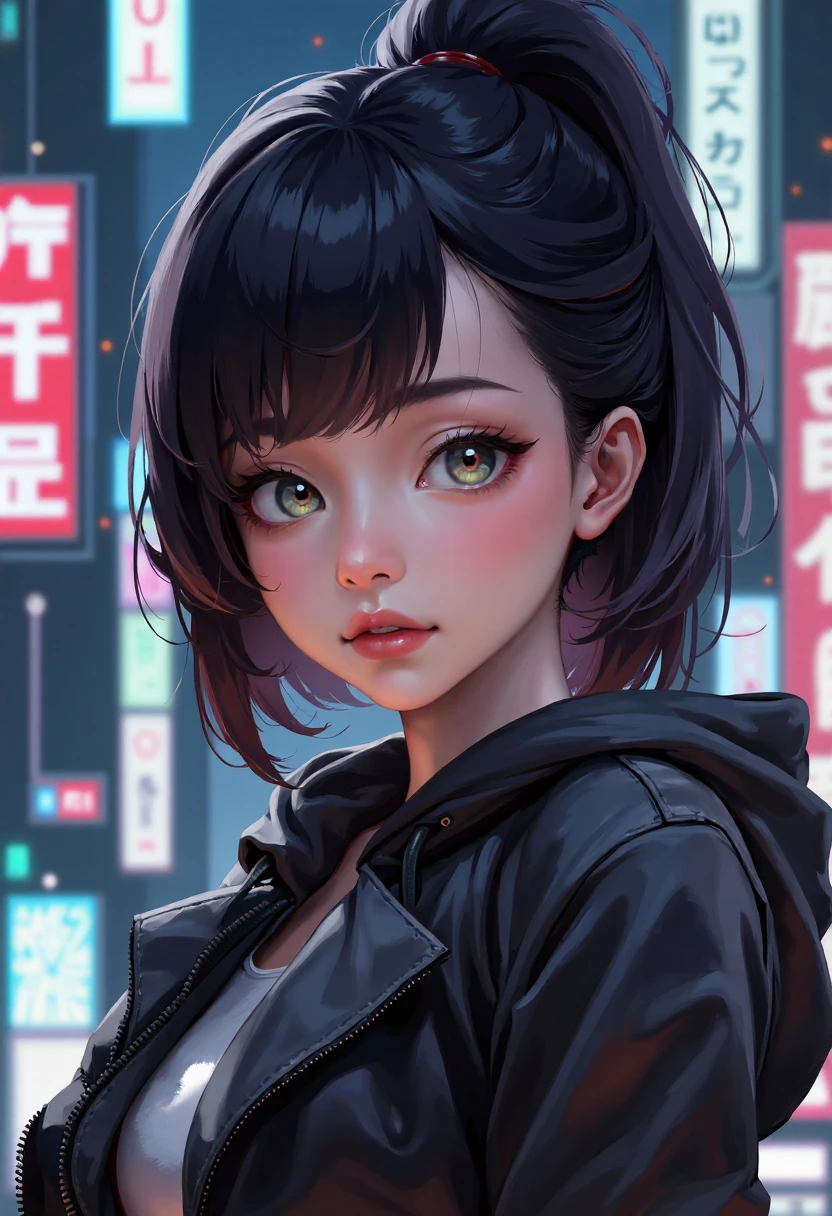 highly detailed realistic, painting, cyberpunk, portrait, 1girl, beautiful face, mechanical parts, (robot joints:0.5), oversized hoodie , asymmetrical hair,  night, cute, look at viewer . P41nt4n1m3 style