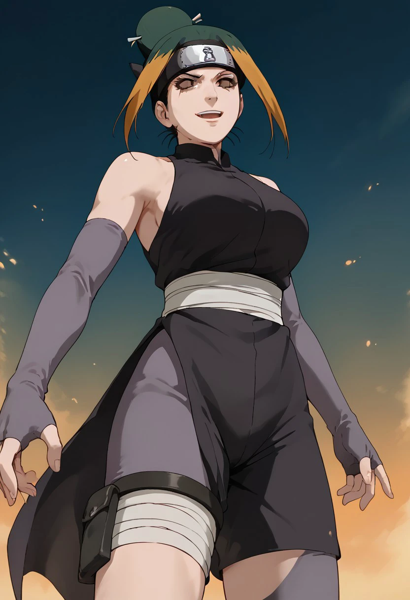 score_9,score_8_up,score_7_up,Pakura, 1girl, solo, brown eyes, multicolored hair, orange hair, green hair, black hair, brown hair, hair bun, single hair bun,  large breasts, Forehead protector, headband, ninja, sleeveless, bare shoulders, backless outfit, sunagakure symbol, gloves,  elbow gloves, bandages,  fingerless gloves, shorts, from below, black sclera, smirk, open mouth,