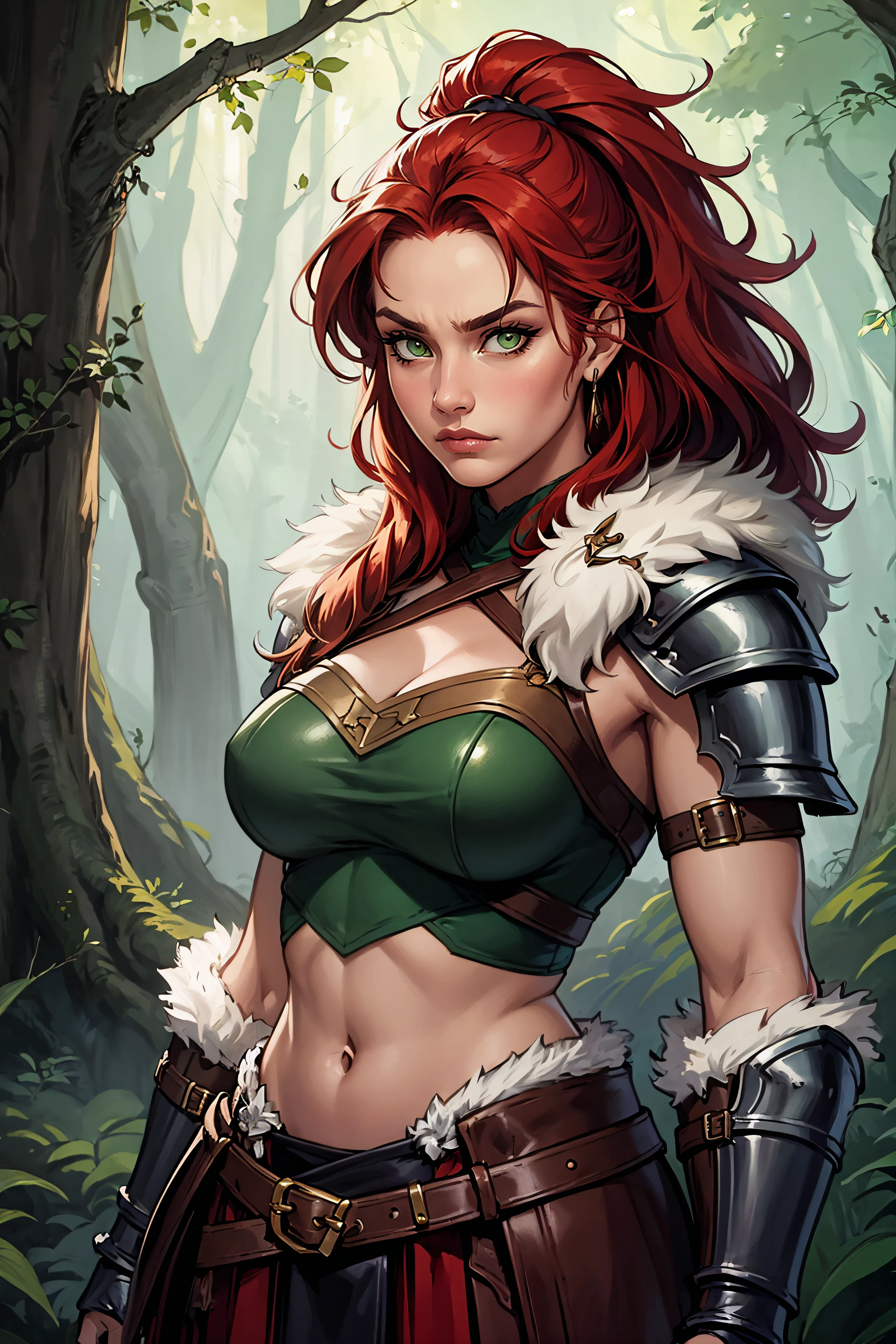 (masterpiece, highest quality, illustration), fantasy, upper body, woman, athletic, solo, long red hair, green eyes, fierce expression, barbarian, leather armor, leather skirt, (fur trim), navel, forest, standing